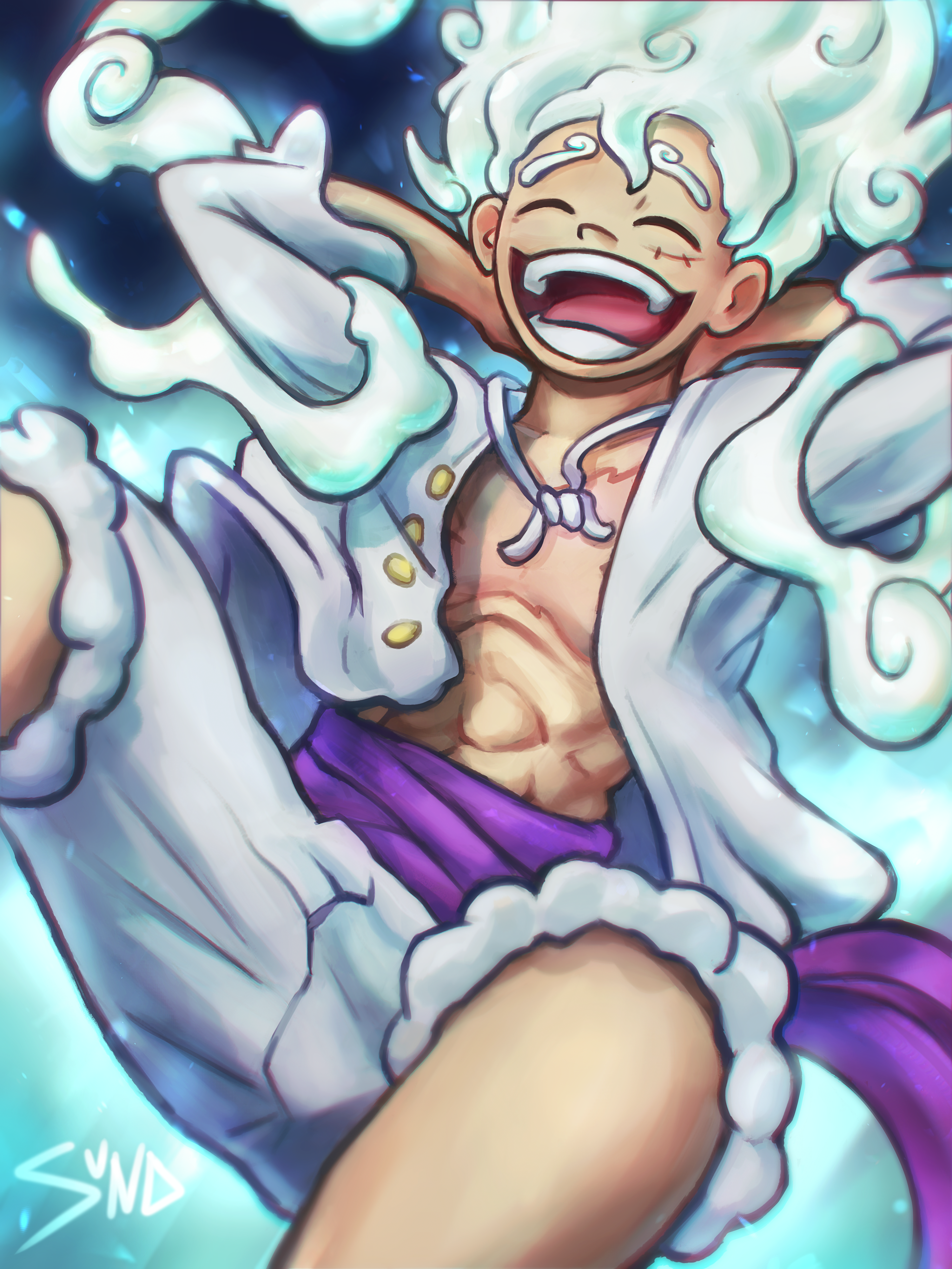 Monkey D Luffy Gear 5th One Piece Anime Boys Scars Laughing White Hair Portrait Display Open Mouth C 3000x4000