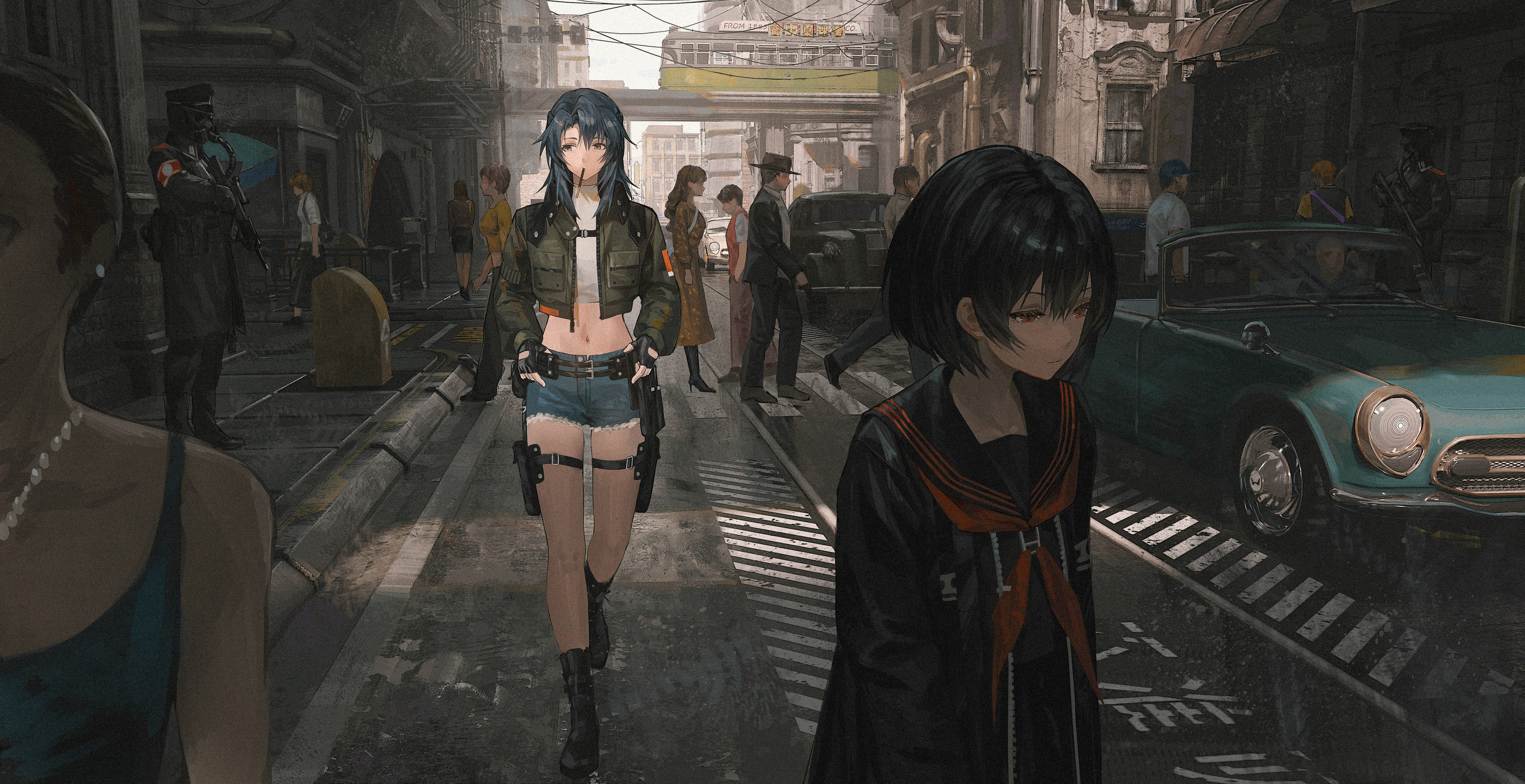 Anime Anime Girls Pixiv Street Car Vehicle Digital Art Walking Hands In Pockets Jacket Looking Away  5000x2571