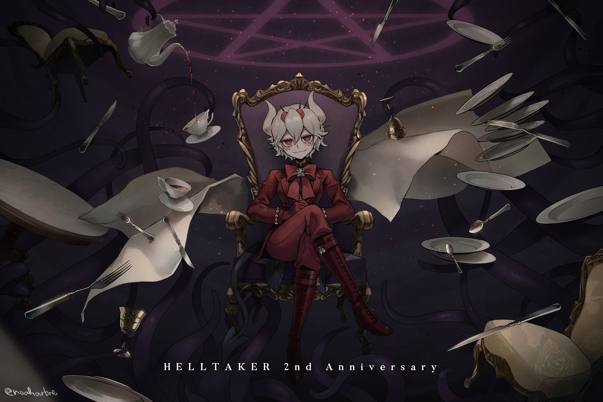 Helltaker Beelzebub Helltaker Anime Girls Demon Horns Fork Knife Spoon Chair Legs Crossed Red Eyes W 2048x1366
