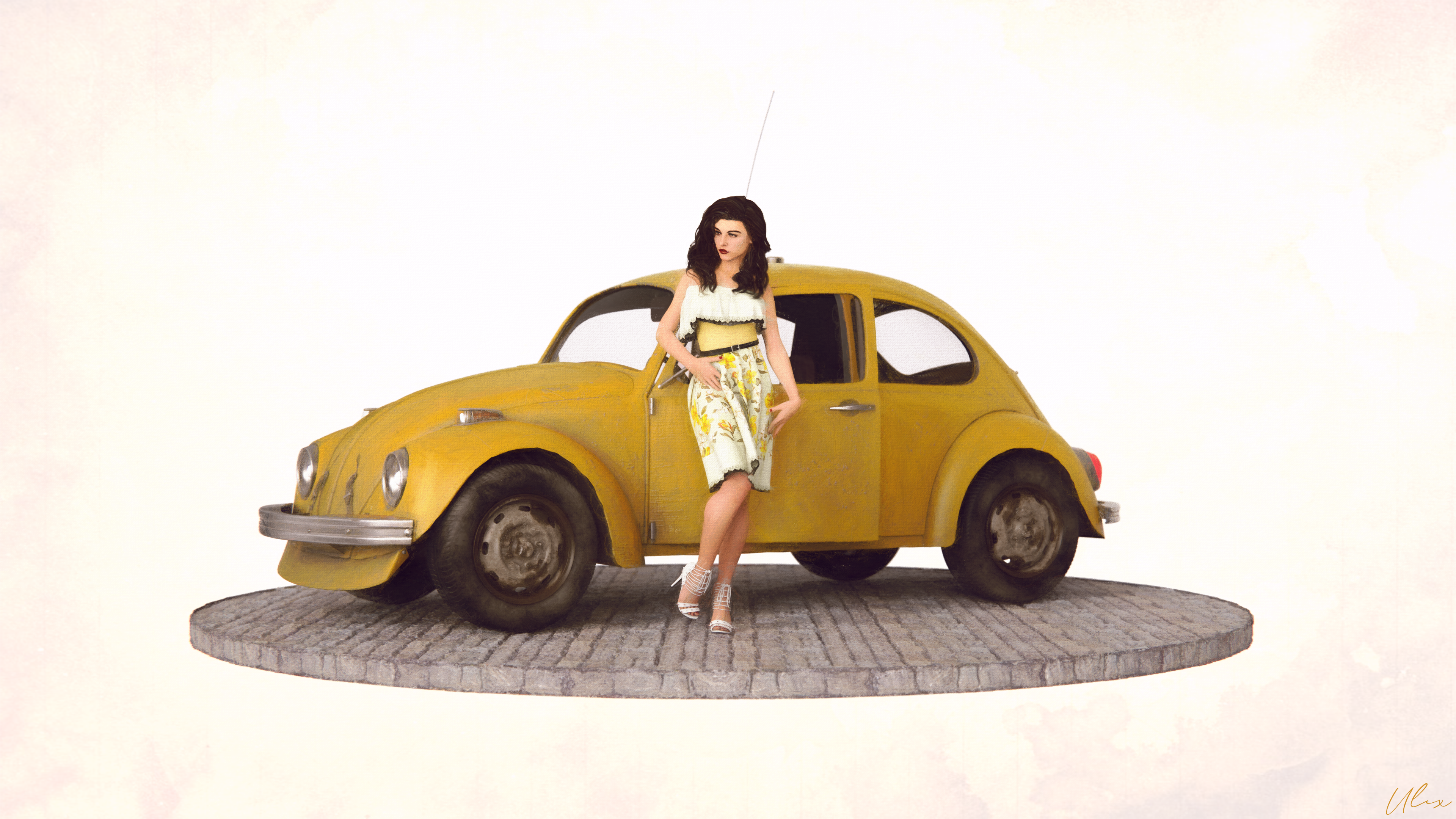 CGi Digital Art 3D Render Oil Painting Shader Minimalism Volkswagen Beetle Yellow Cobblestone Women  3840x2160