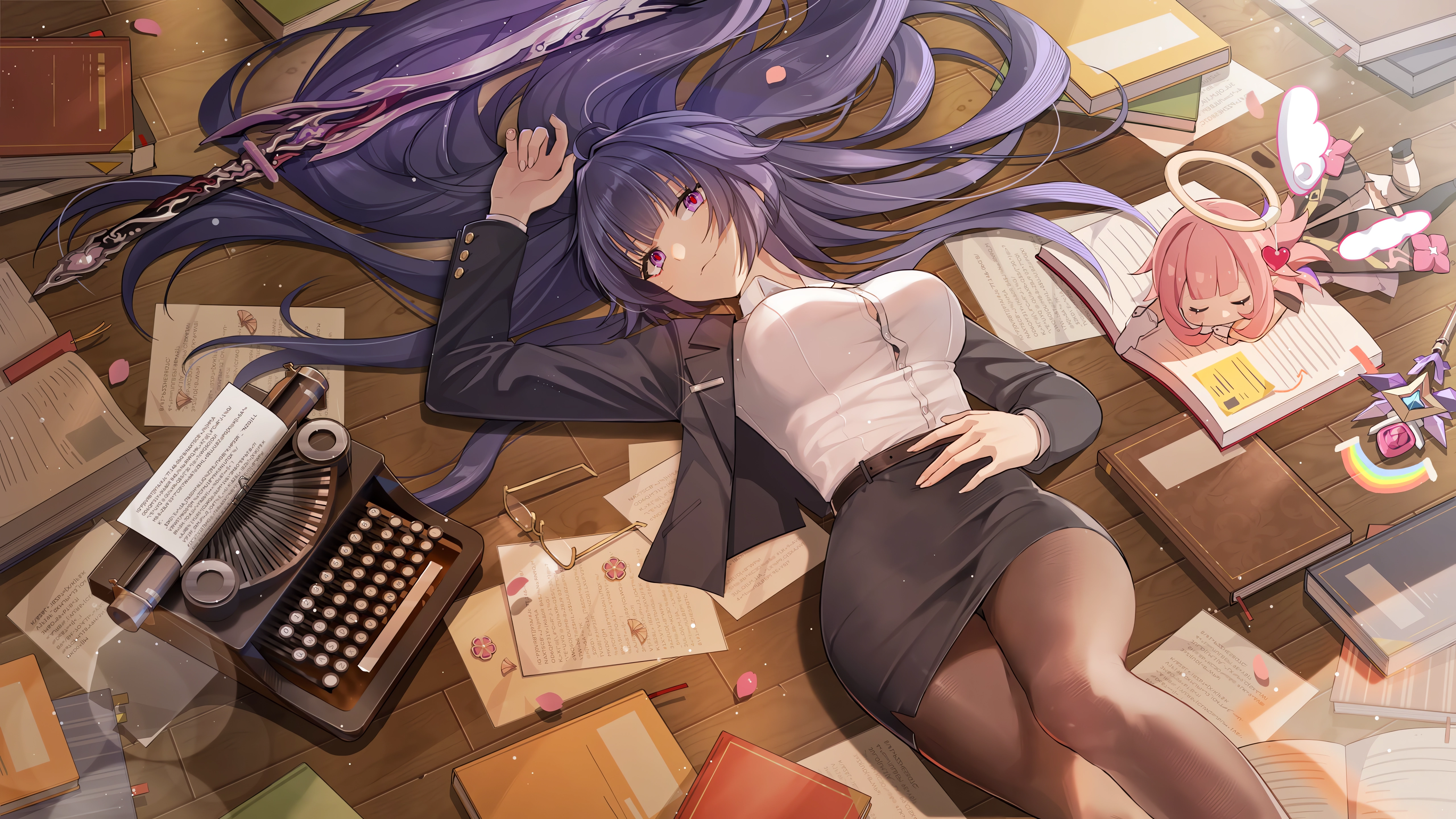Anime Anime Girls Lying On Back Lying Down Purple Hair Purple Eyes Typewriters Paper Sword Weapon Bo 5120x2880
