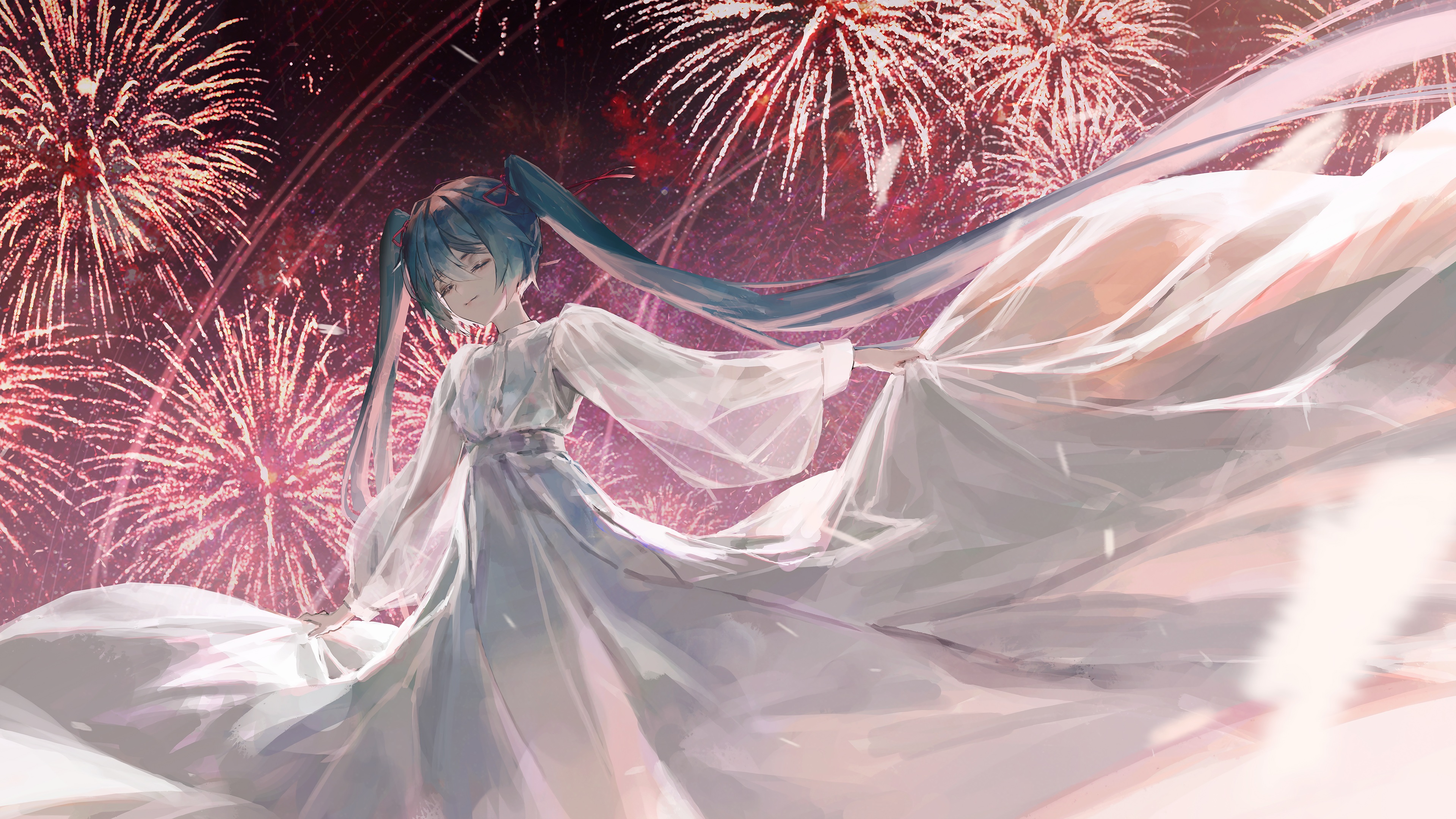 Anime Anime Girls Hatsune Miku Vocaloid Long Hair Twintails Blue Hair Fireworks Dress Sky Standing L 3840x2160