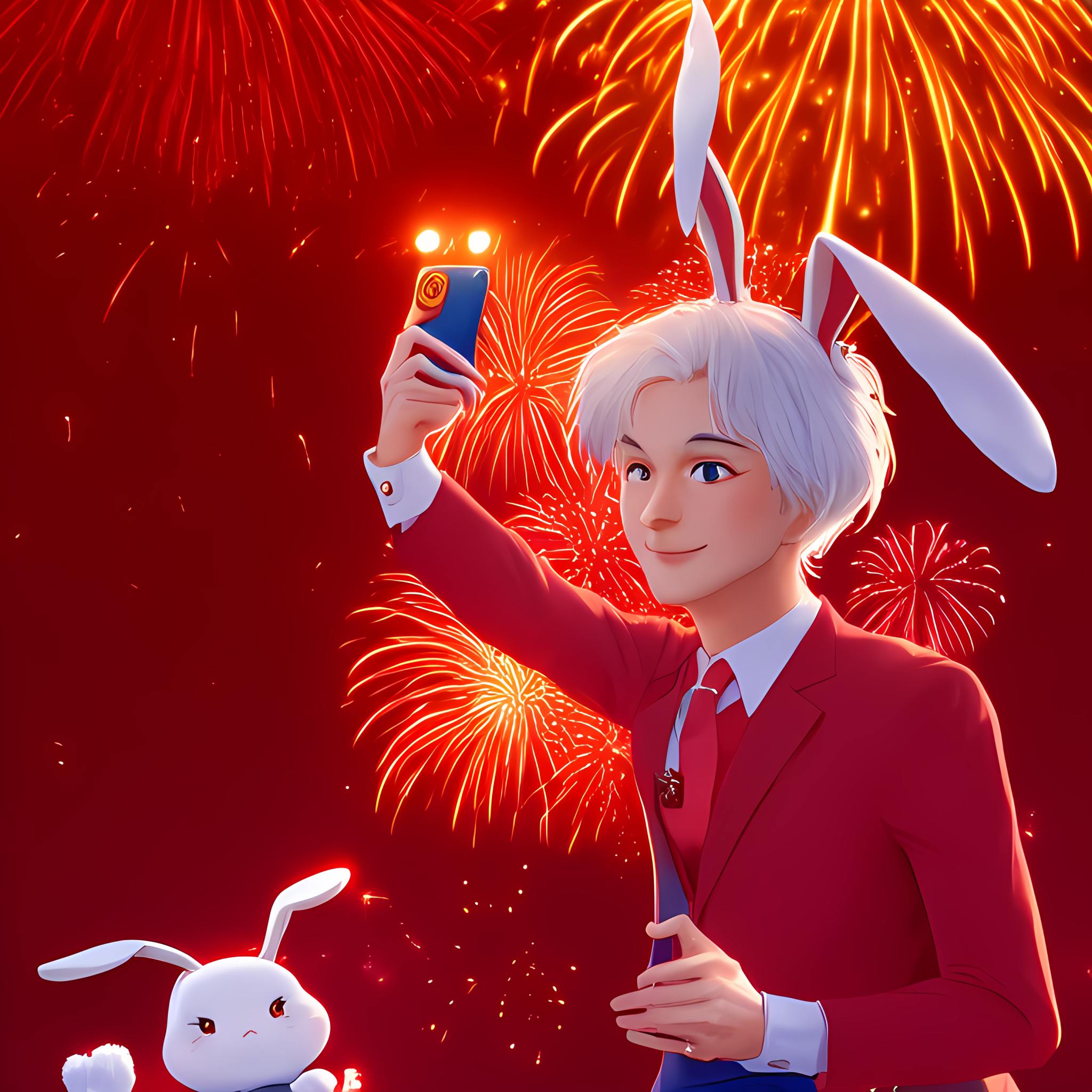 Rabbits New Year 2023 Man Niu No Da Shengli Happy Ai Art Vertical Fireworks Phone Bunny Ears Suit An 2048x2048