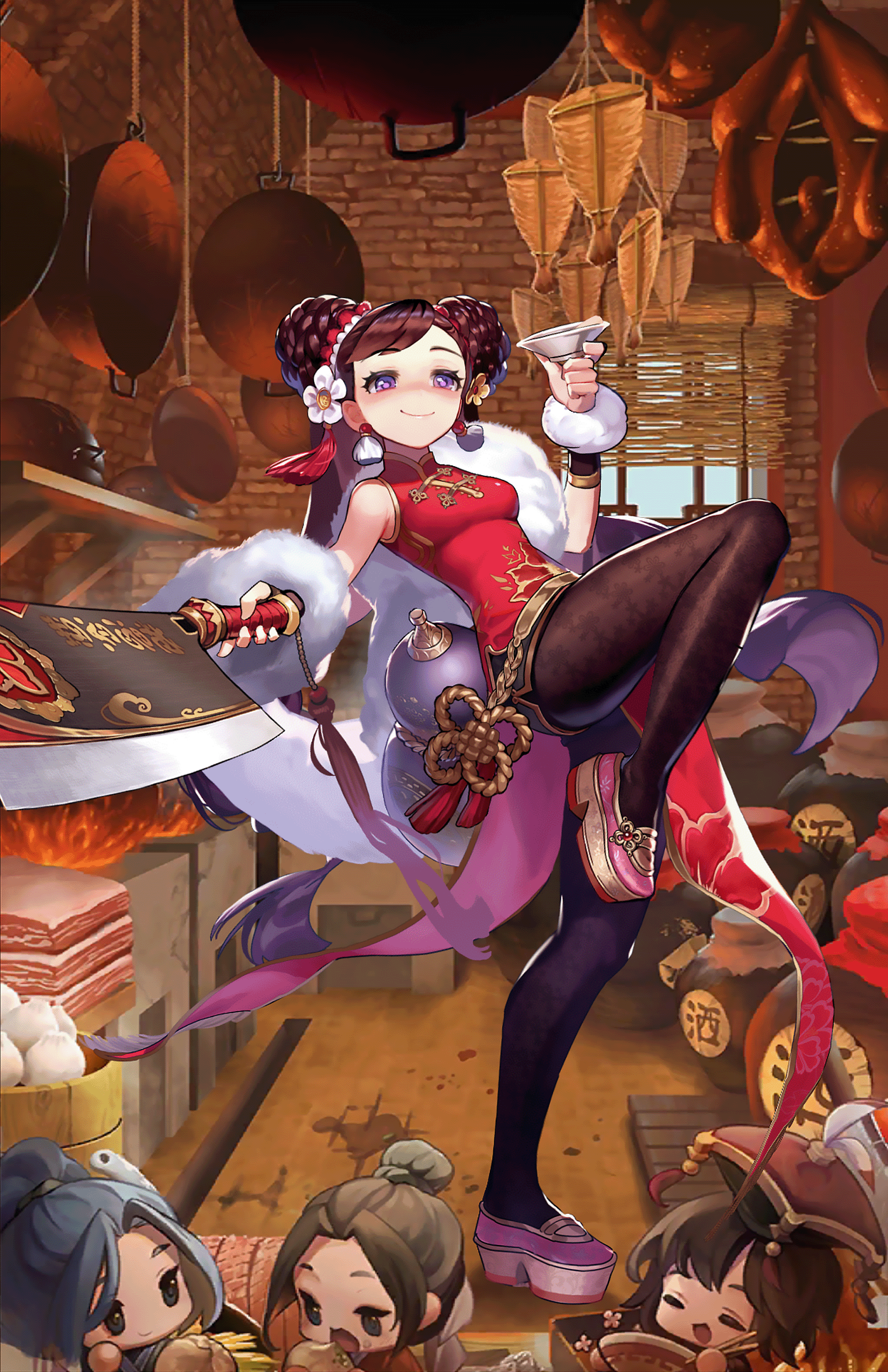 Guardian Tales Lynn Guardian Tales Alcohol Sake Drunk Knife Kitchen Purple Eyes Brunette 1799x2778