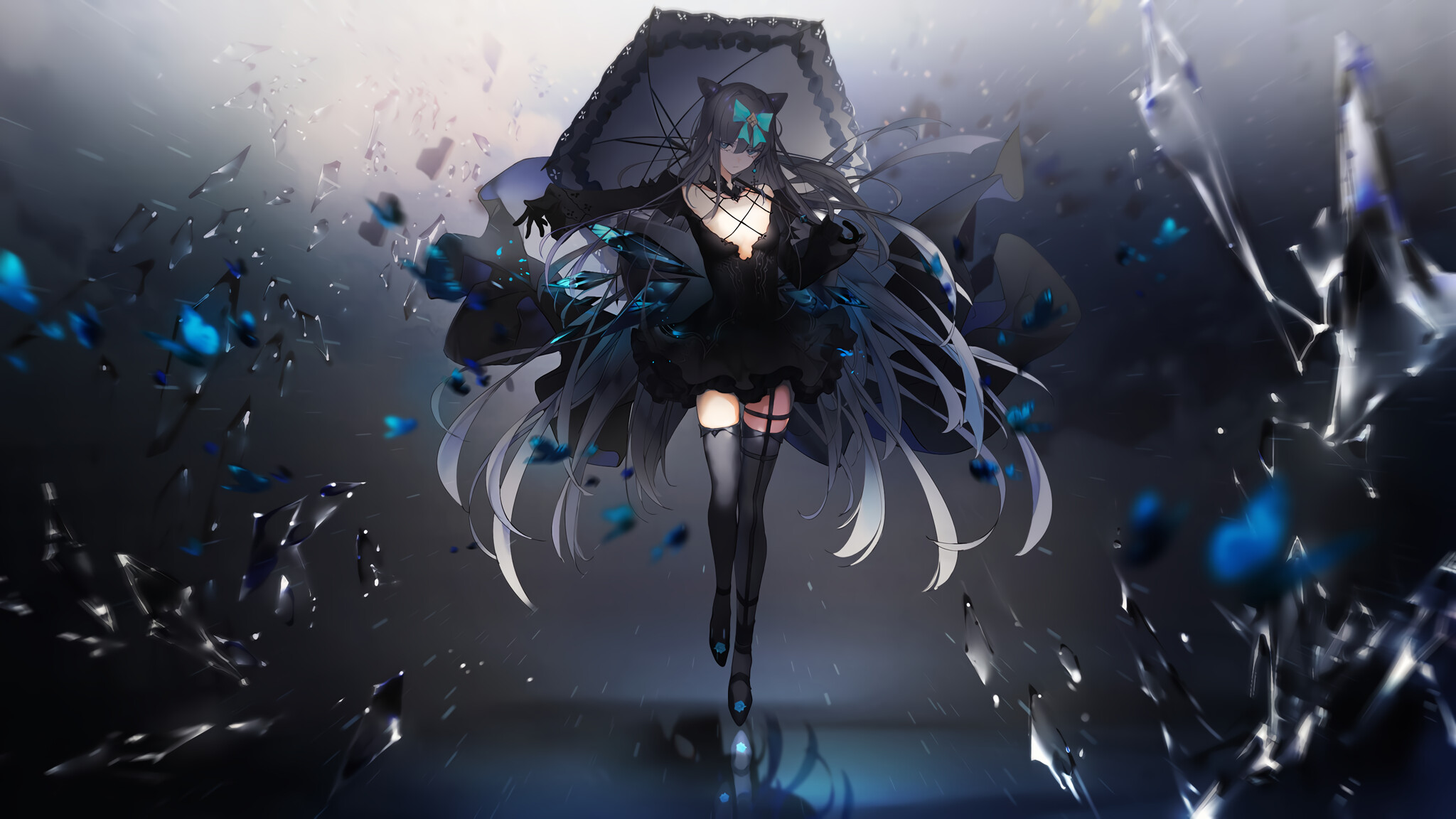 ARCAEA Lowiro Music Game Anime Girls Umbrella Dress Long Hair Minimalism Broken Glass Reflection Bow 2048x1152