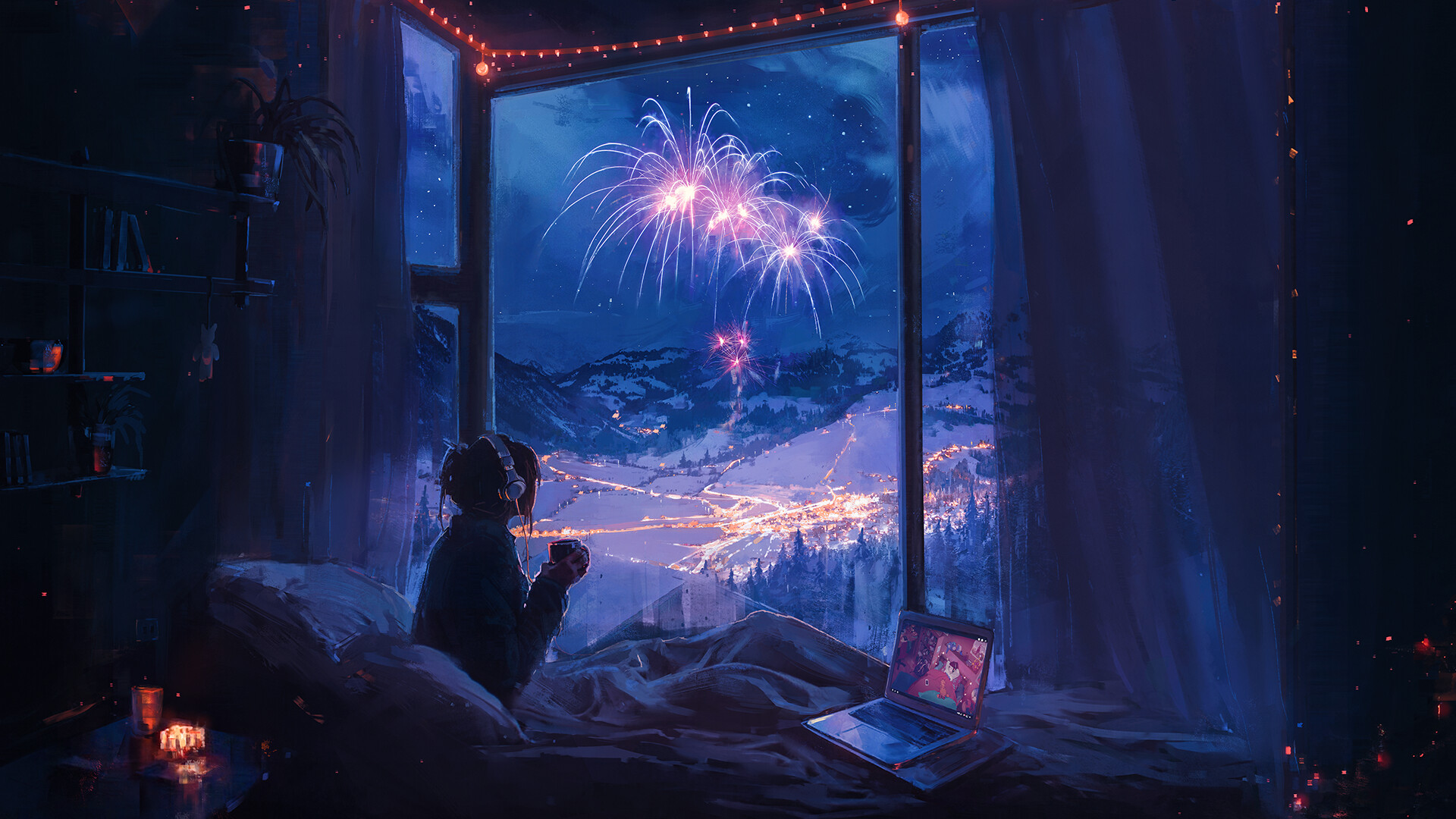 Aenami Artwork Digital Art Fireworks LofiGirl Laptop Window Bed Headphones In Bed Sky Mountains Cup  1920x1080
