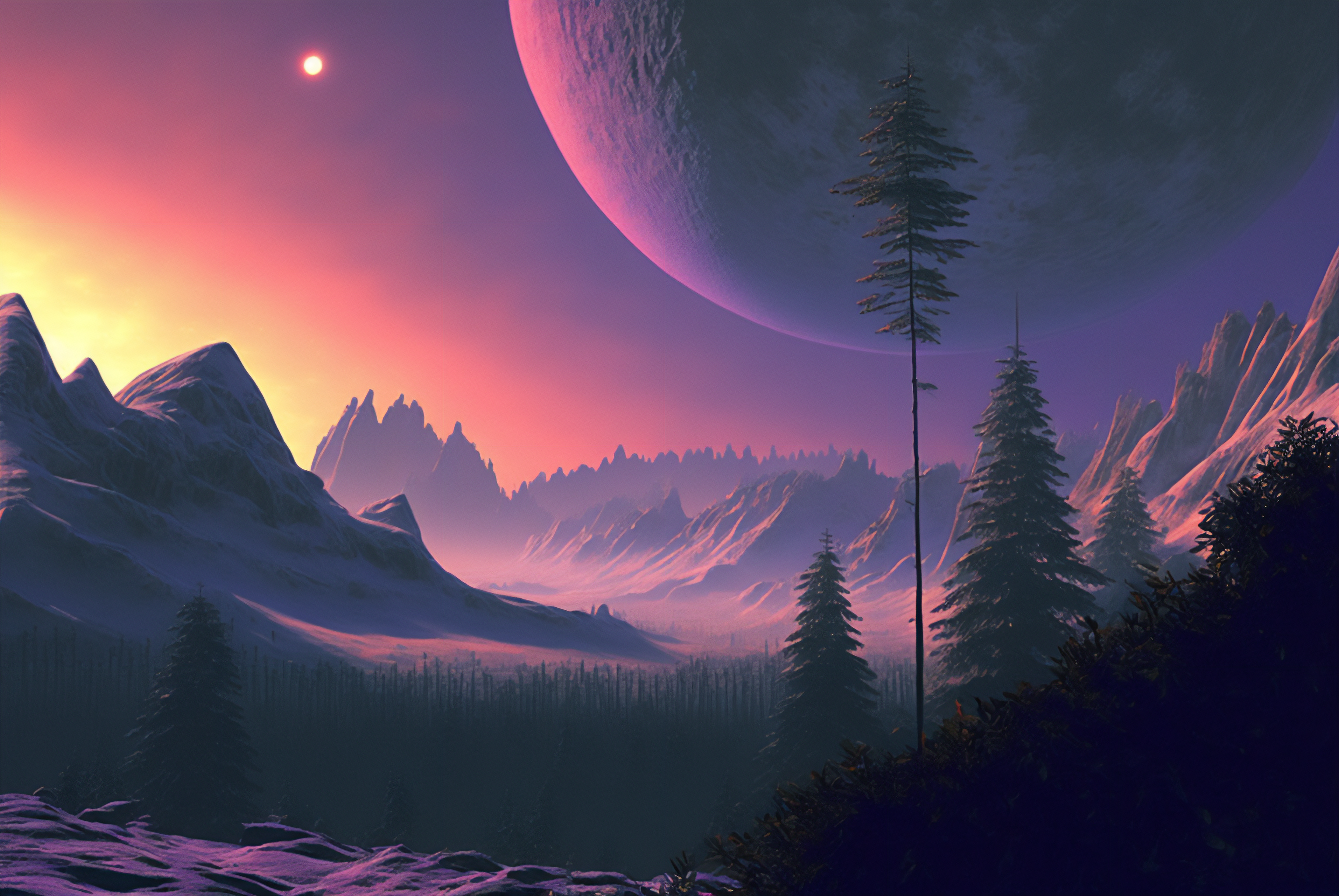 Ai Art Illustration Alien Planet Trees Moon Dawn Nature 3060x2048