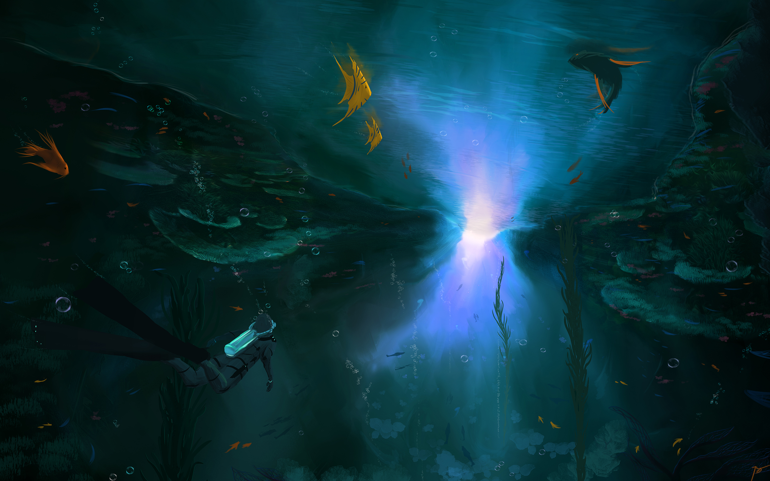 JoeyJazz Underwater Digital Art Divers Fish Bubbles Water Animals 2560x1600