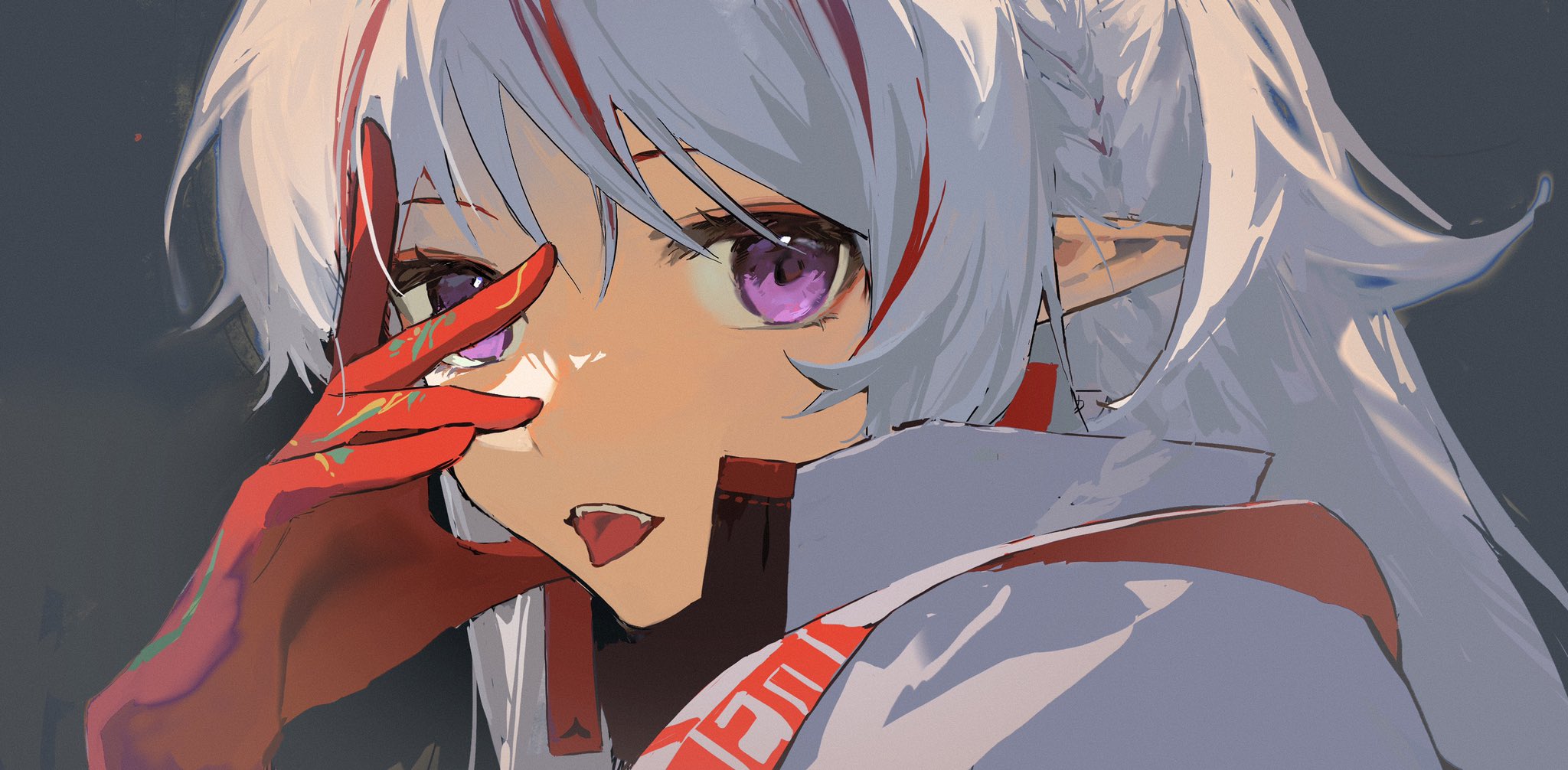 Nian Arknights Arknights Face Looking At Viewer Pointy Ears Two Tone Hair Anime Girls Tongue Out Pur 2048x1006