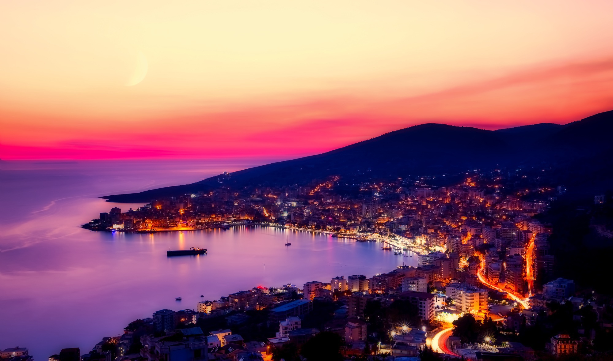Sunset Albania Sea City Evening City Lights Europe Boat Ship Skyline Mountains Hills Red Purple Yell 2000x1179