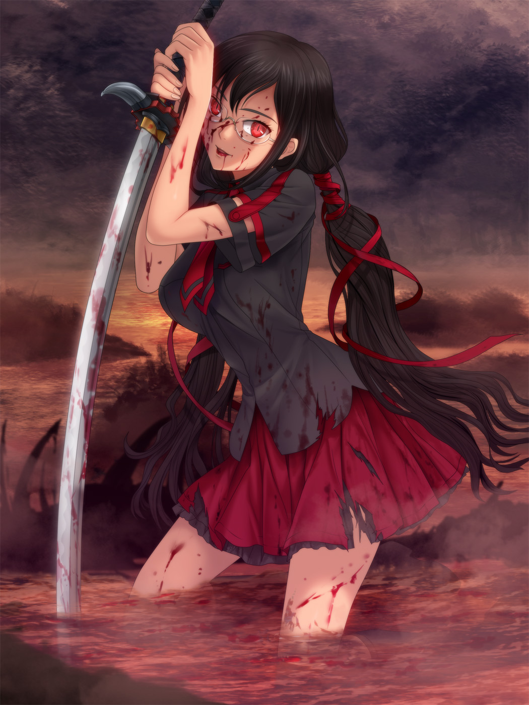 Anime Anime Girls Blood C Kisaragi Saya Long Hair Black Hair Solo Artwork Digital Art Fan Art Katana 1050x1400