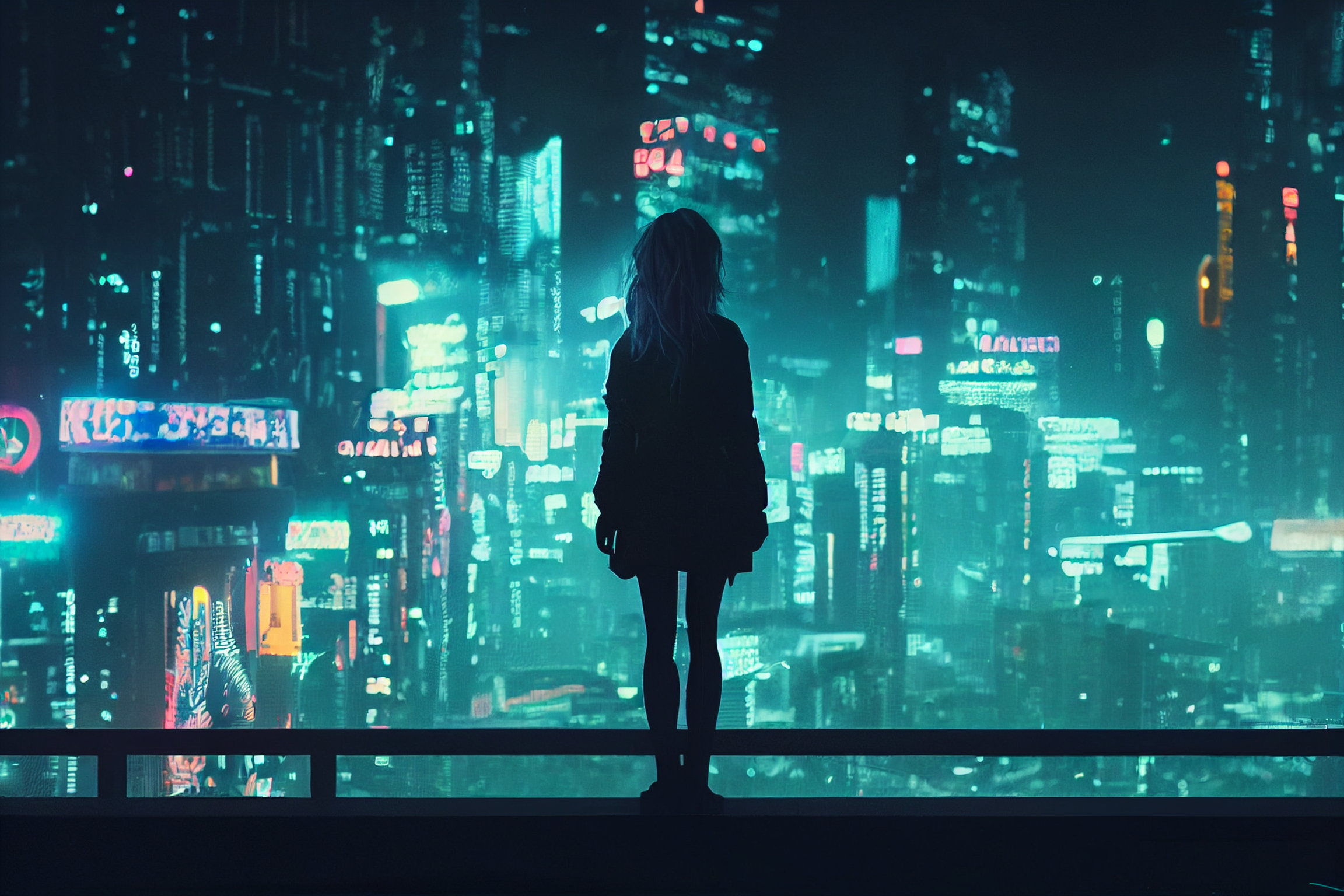 Cyberpunk City Women Silhouette Lights Futuristic 2304x1536