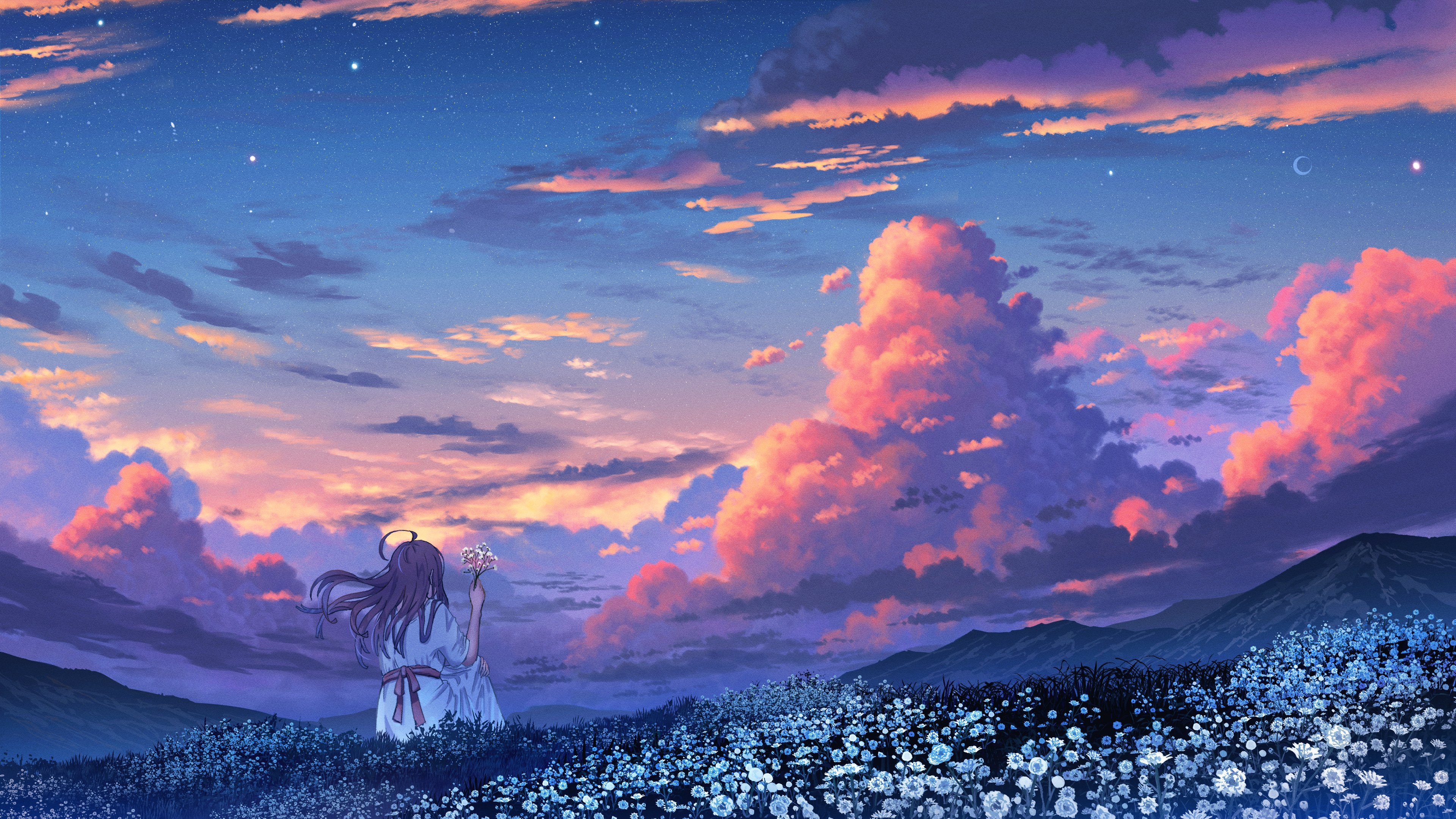 Digital Painting Digital Art Clouds Field Looking Away Sitting Flowers Grass Peaceful Sky Moon Cresc 3840x2160