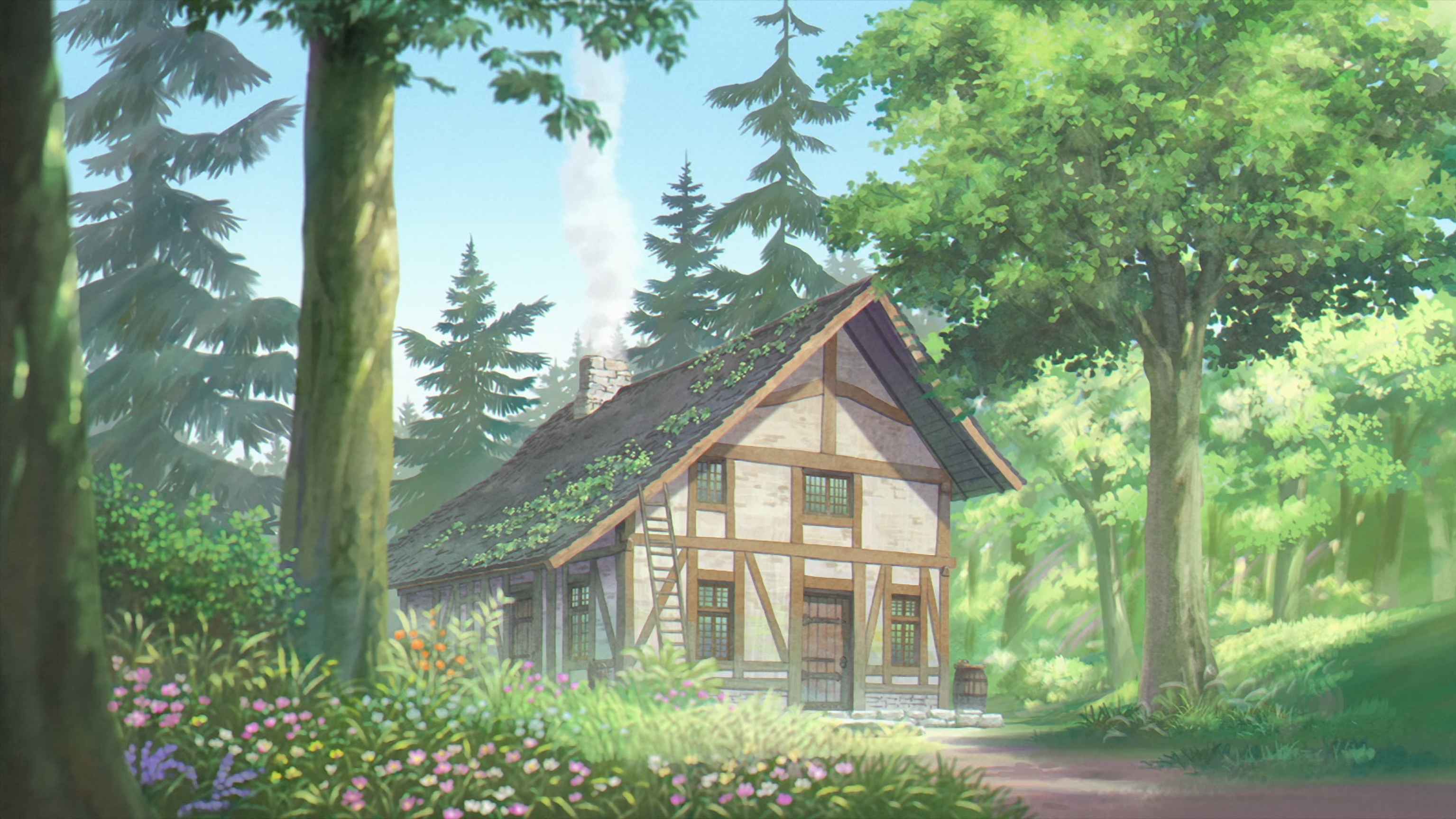 Sousou No Frieren Anime Anime Screenshot Trees House Sky Door Window Green Leaves Flowers 3070x1728