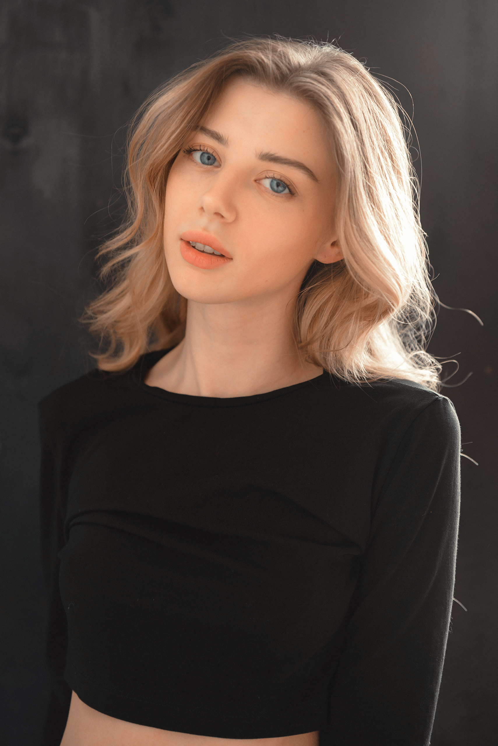 Aleksandr Mindru Women Blonde Blue Eyes Looking At Viewer Wavy Hair Black Clothing Portrait Simple B 1709x2560