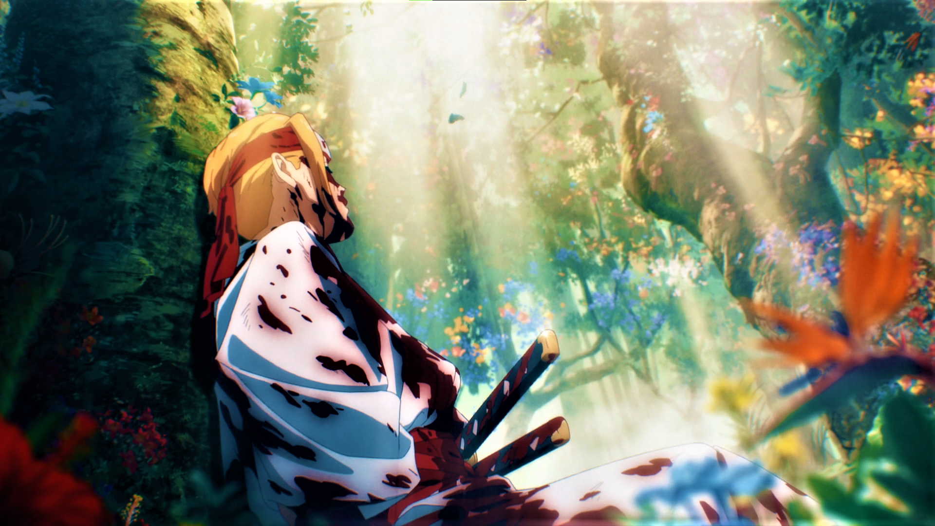 Hells Paradise Jigokuraku Blonde Headband Kimono Sword Trees Nature Flowers Sunlight Anime Anime Scr 1920x1080