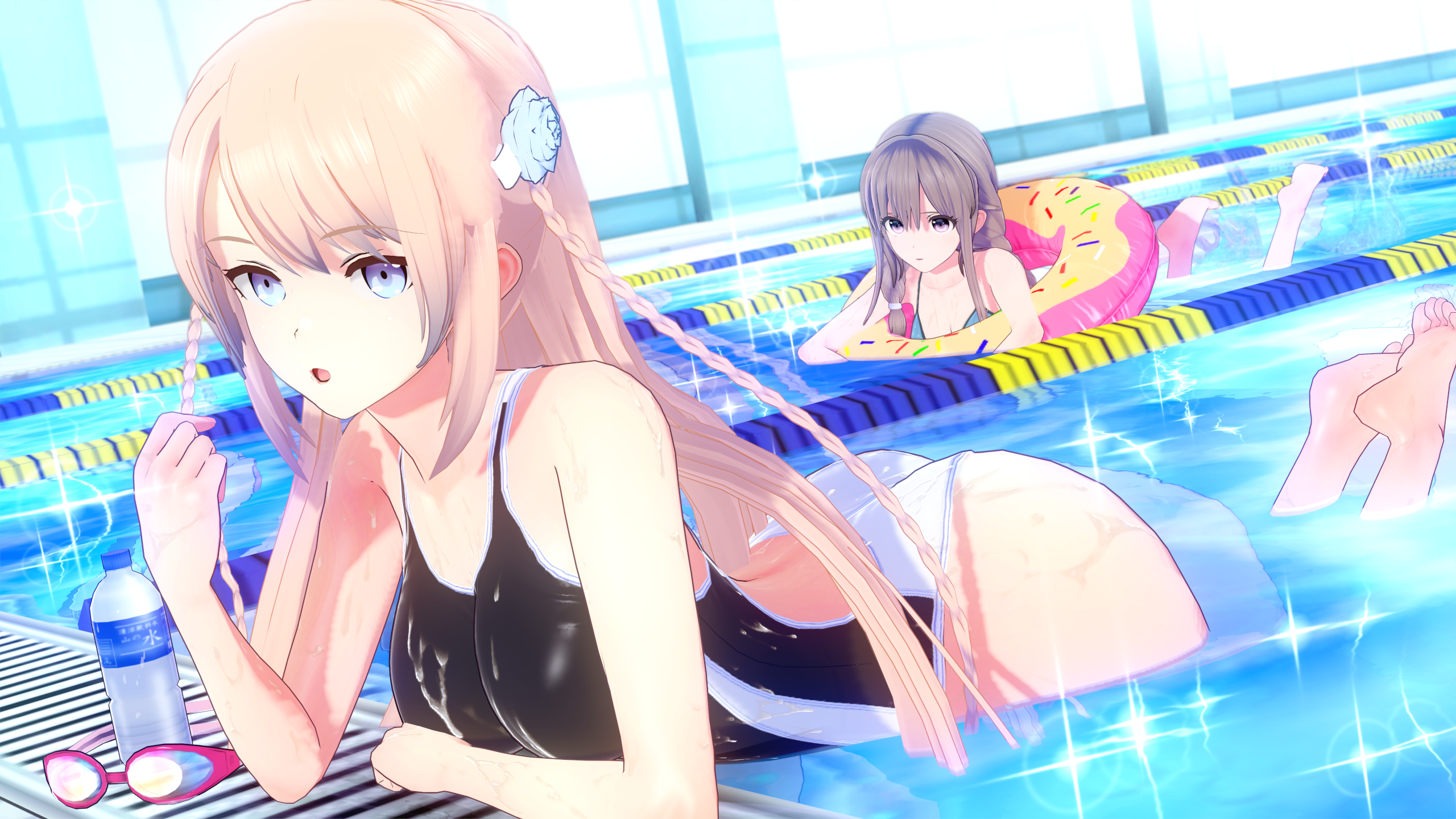 Fantasy Girl 3D CGi Swimming Pool Blue Eyes Water Bottle Floater In Water Water Goggles Anime 2560x1440