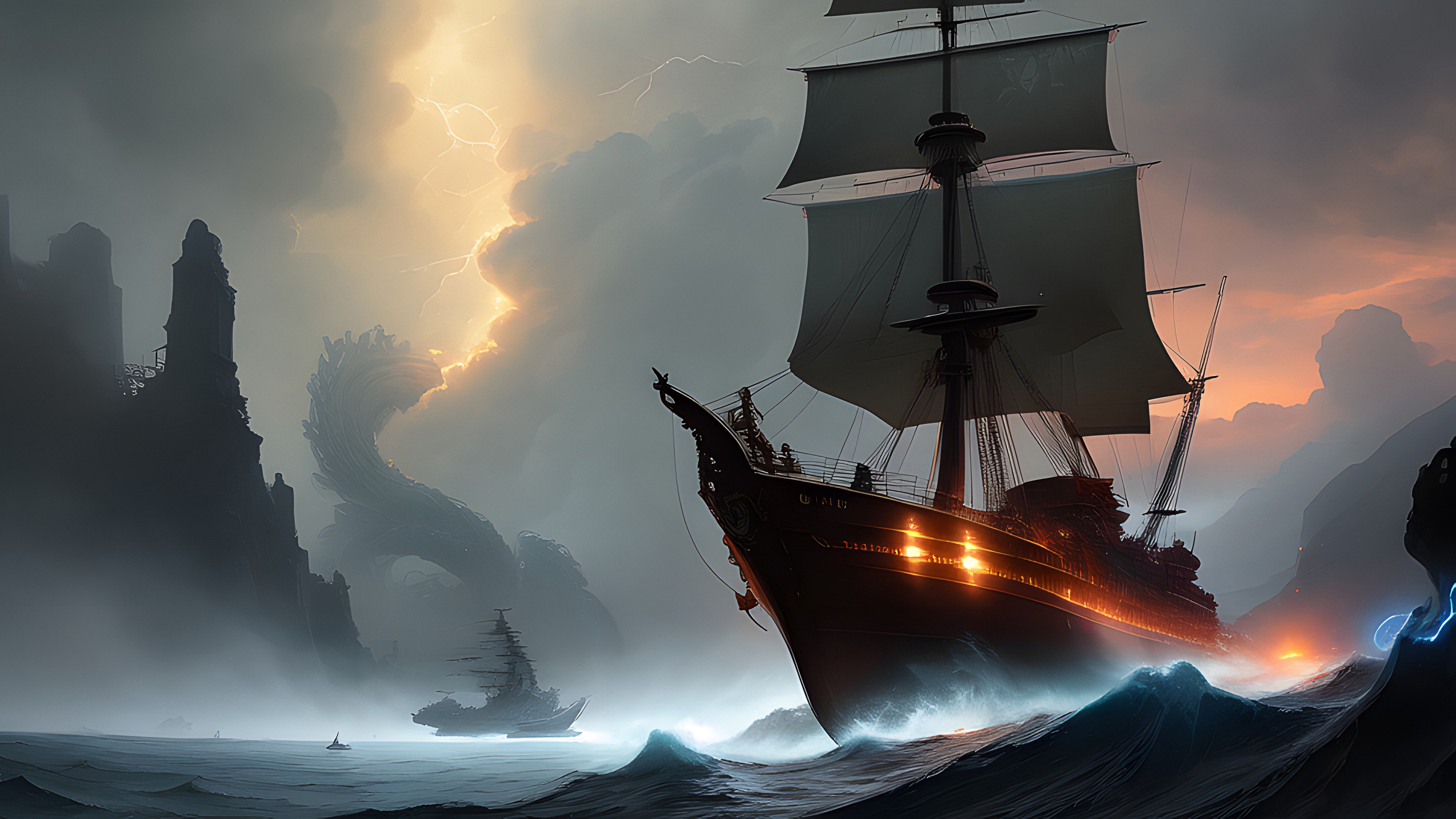 Stable Diffusion 4K Ai Art Ship Ocean Battle Creature Digital Art Illustration Water 3840x2160
