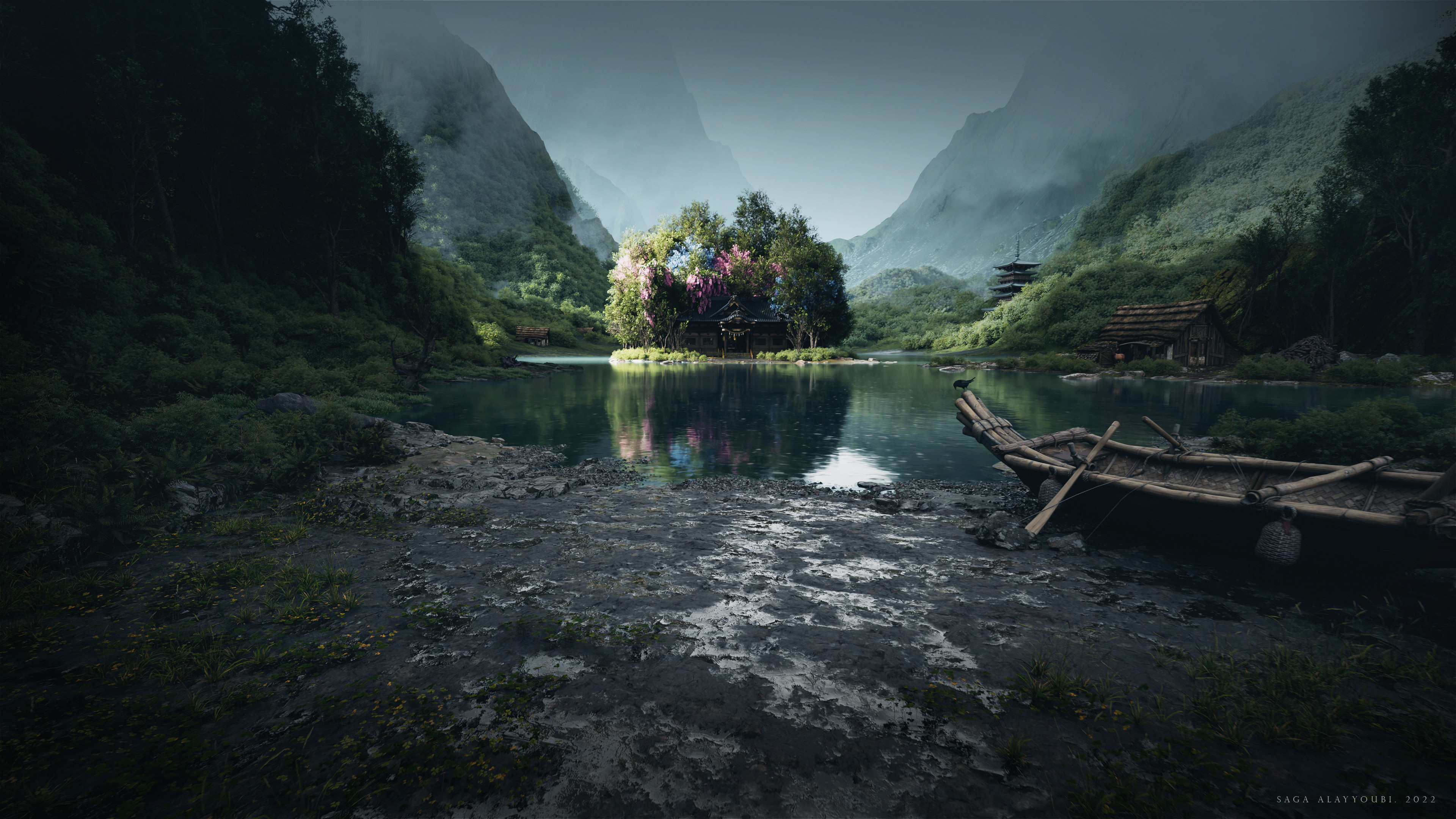 Valley Lake Nature Landscape Digital Art Artwork Illustration Environment Mountains Forest Unreal En 3840x2160