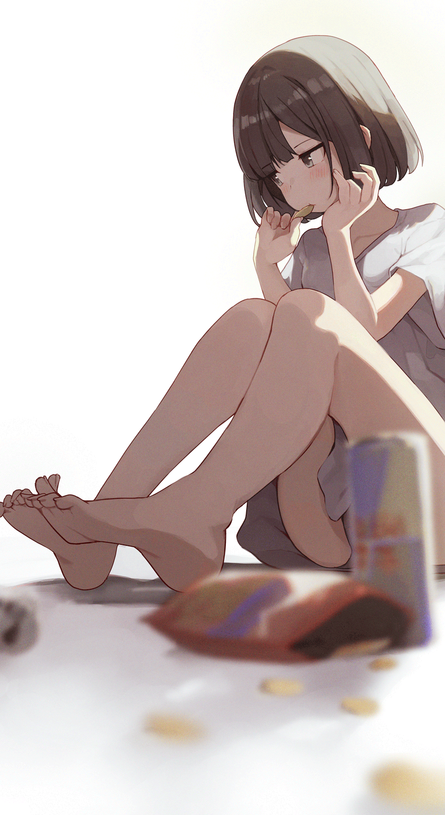 Anime Anime Girls Short Hair Feet Black Hair Vertical Eating Chips 900x1650