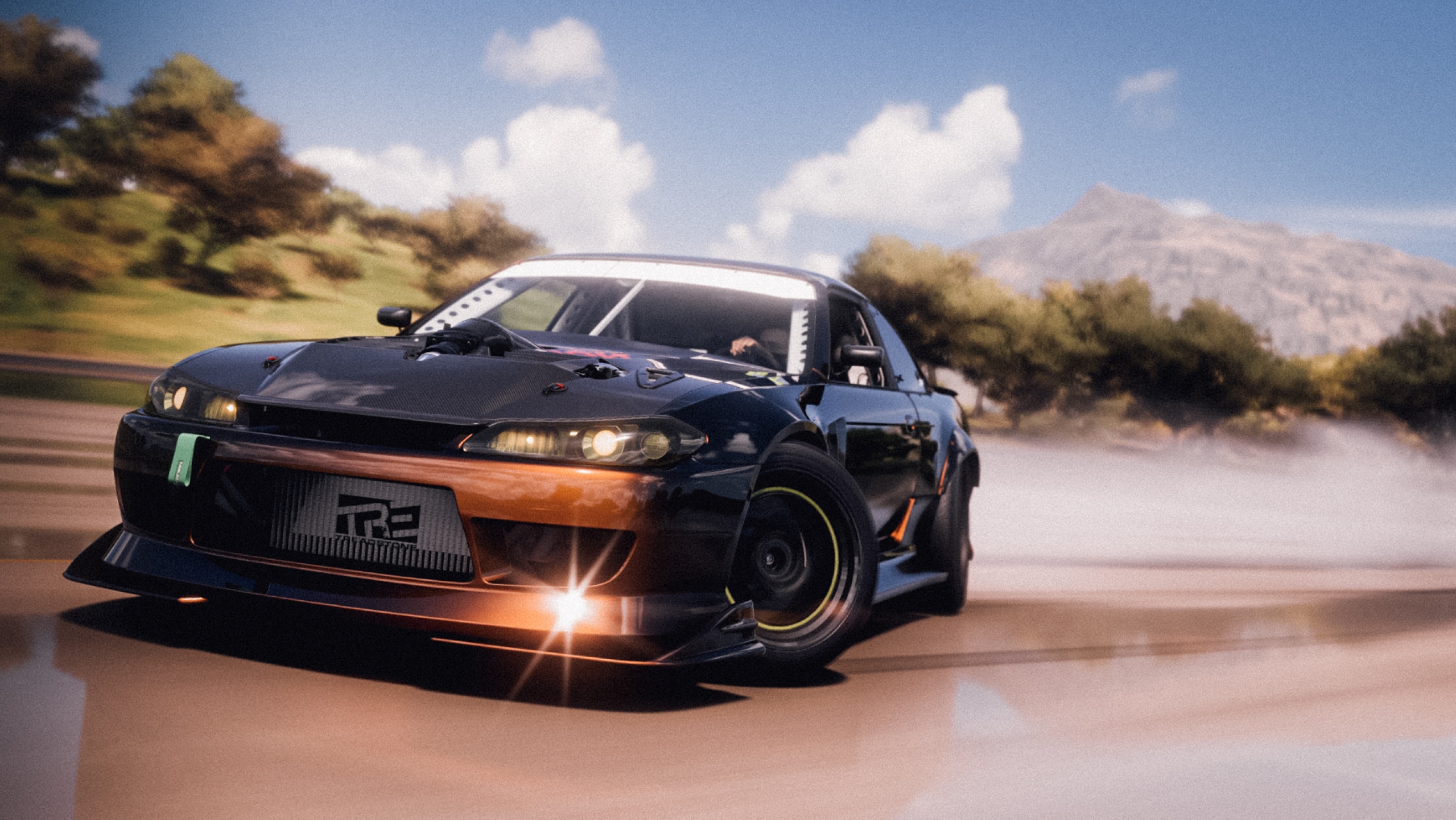 Forza Horizon 5 Forza Nissan Drift Drift Cars Video Games Front Angle View Trees Sky Clouds Road Car 2559x1440