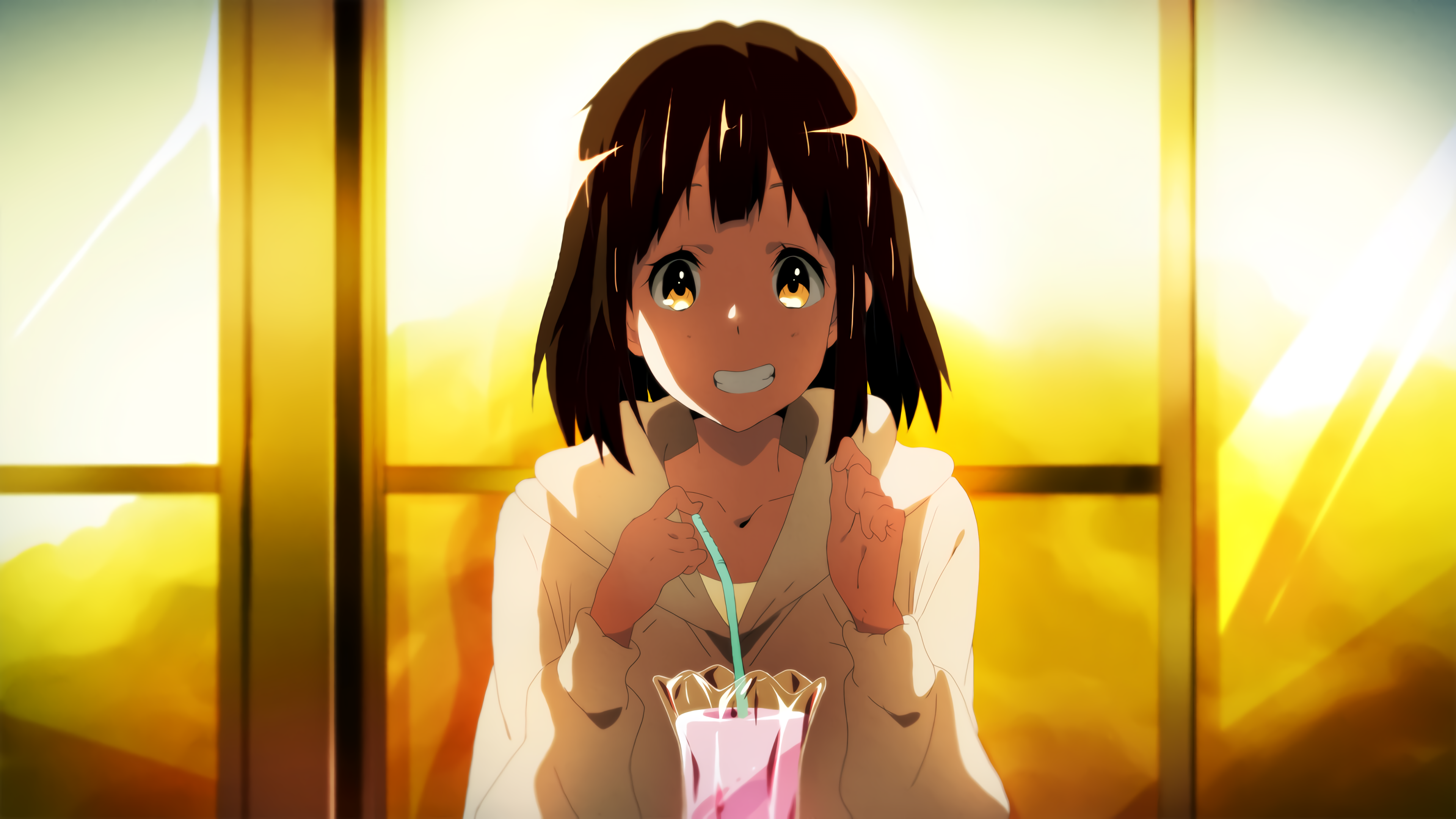 Tom Skender Anime Girls Anime DeviantArt Looking At Viewer Face Brunette Brown Eyes Smiling Drinking 3840x2160