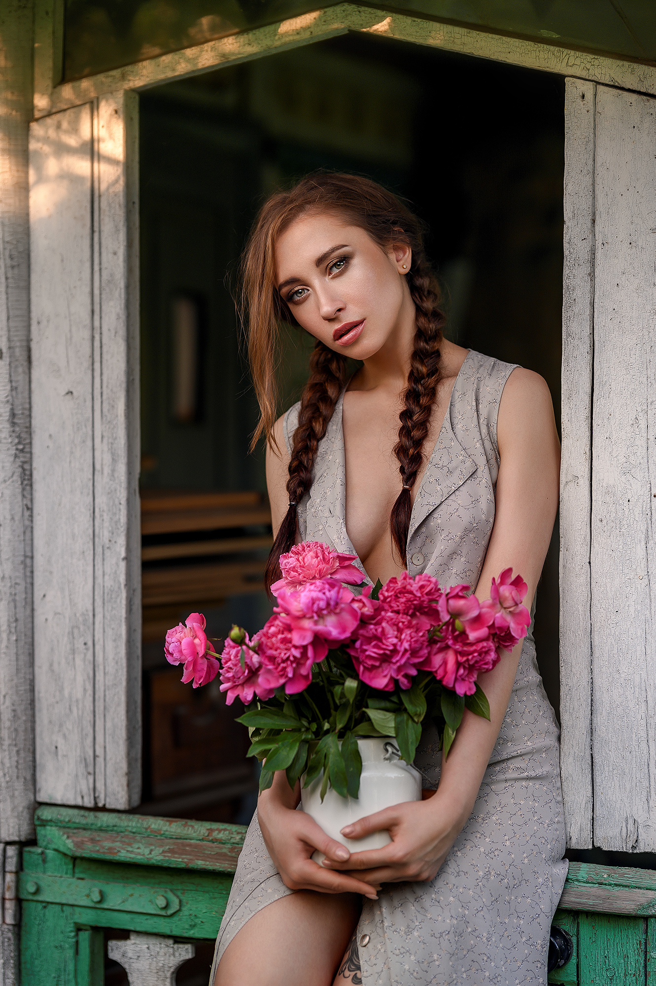 Elena Zharkova Women Brunette Long Hair Twintails Braids Flowers Pink Flowers Dress Makeup Looking A 1331x2000