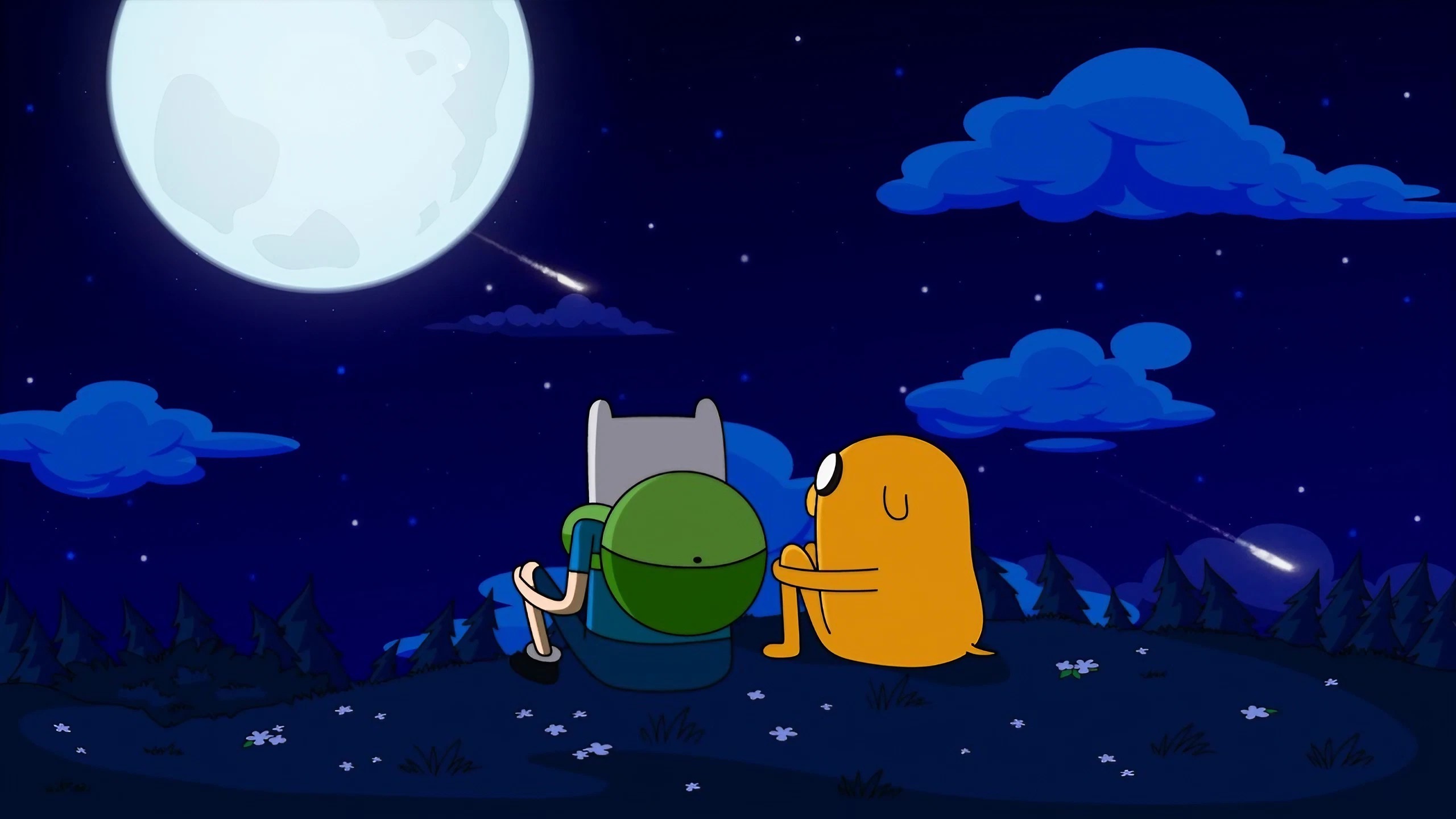 Jake The Dog Night Adventure Time Moon Moonlight Sky Stars Clouds Sitting Grass Flowers Backpacks Ca 2560x1440