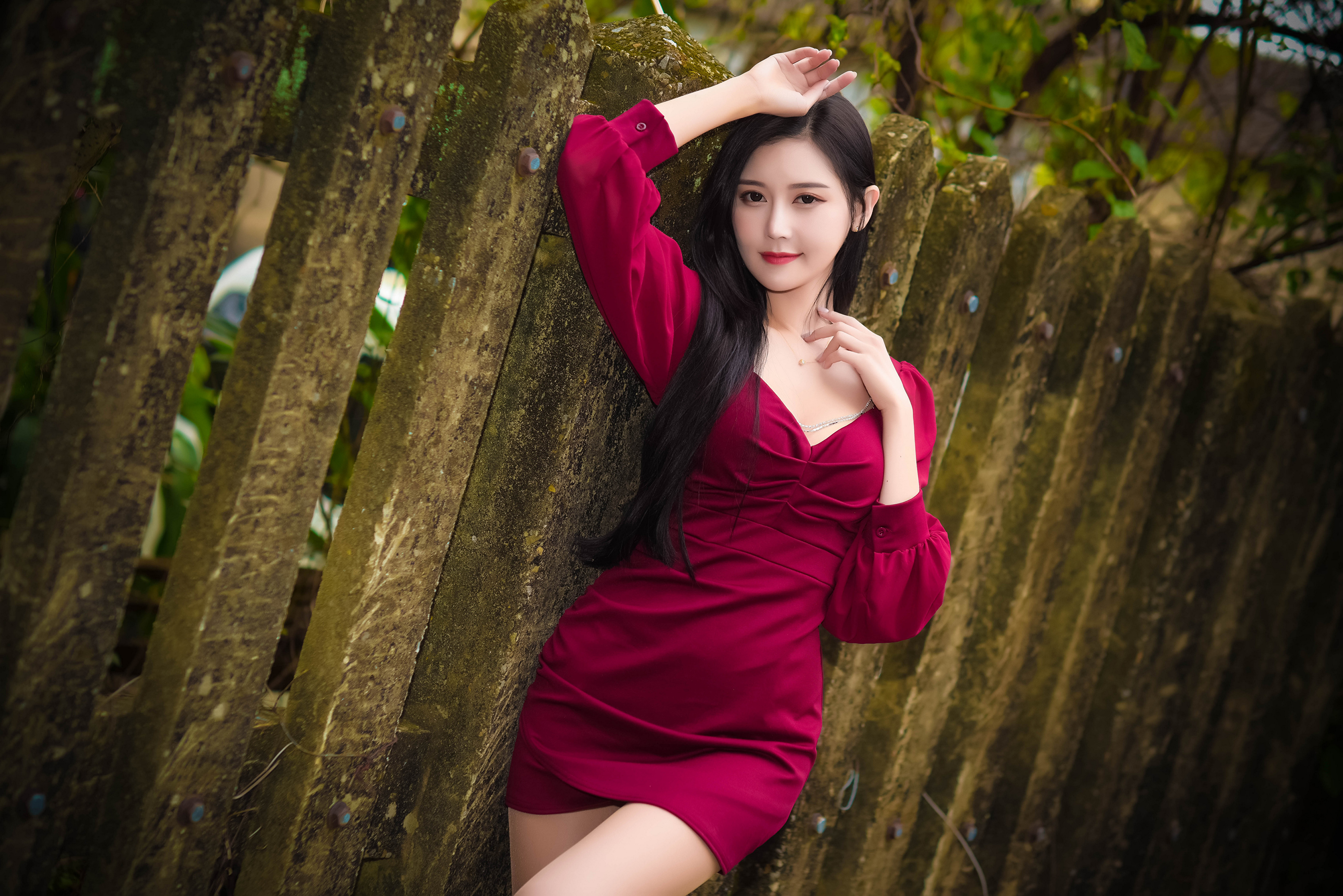 Asian Model Women Long Hair Dark Hair Fence Red Dress Depth Of Field Leaning Bushes 3840x2562