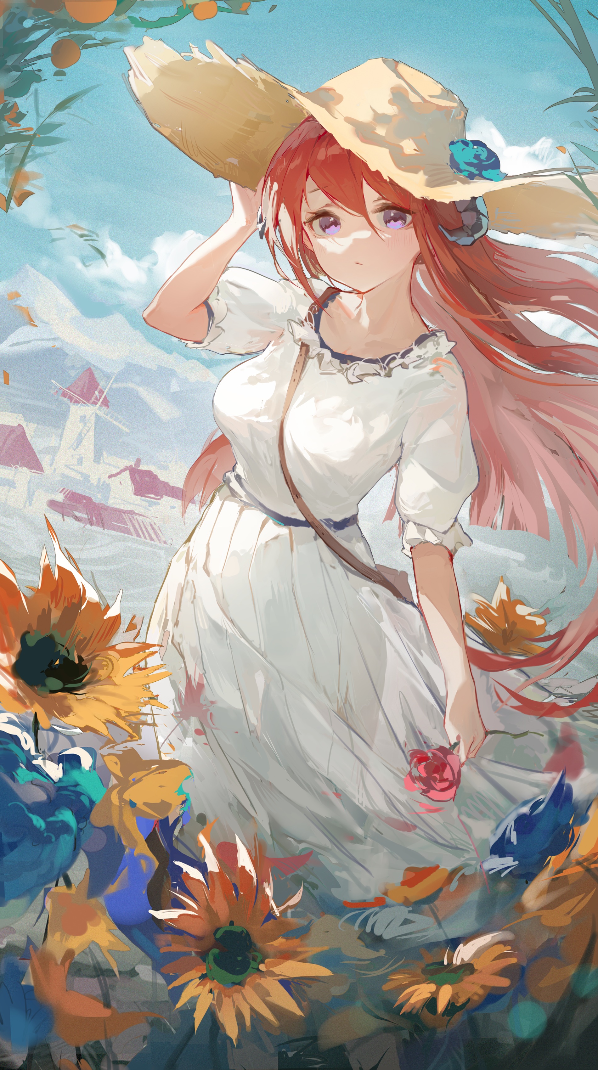Anime Anime Girls Vertical Straw Hat Hat Flowers Sunflowers Sun Dress 1900x3400