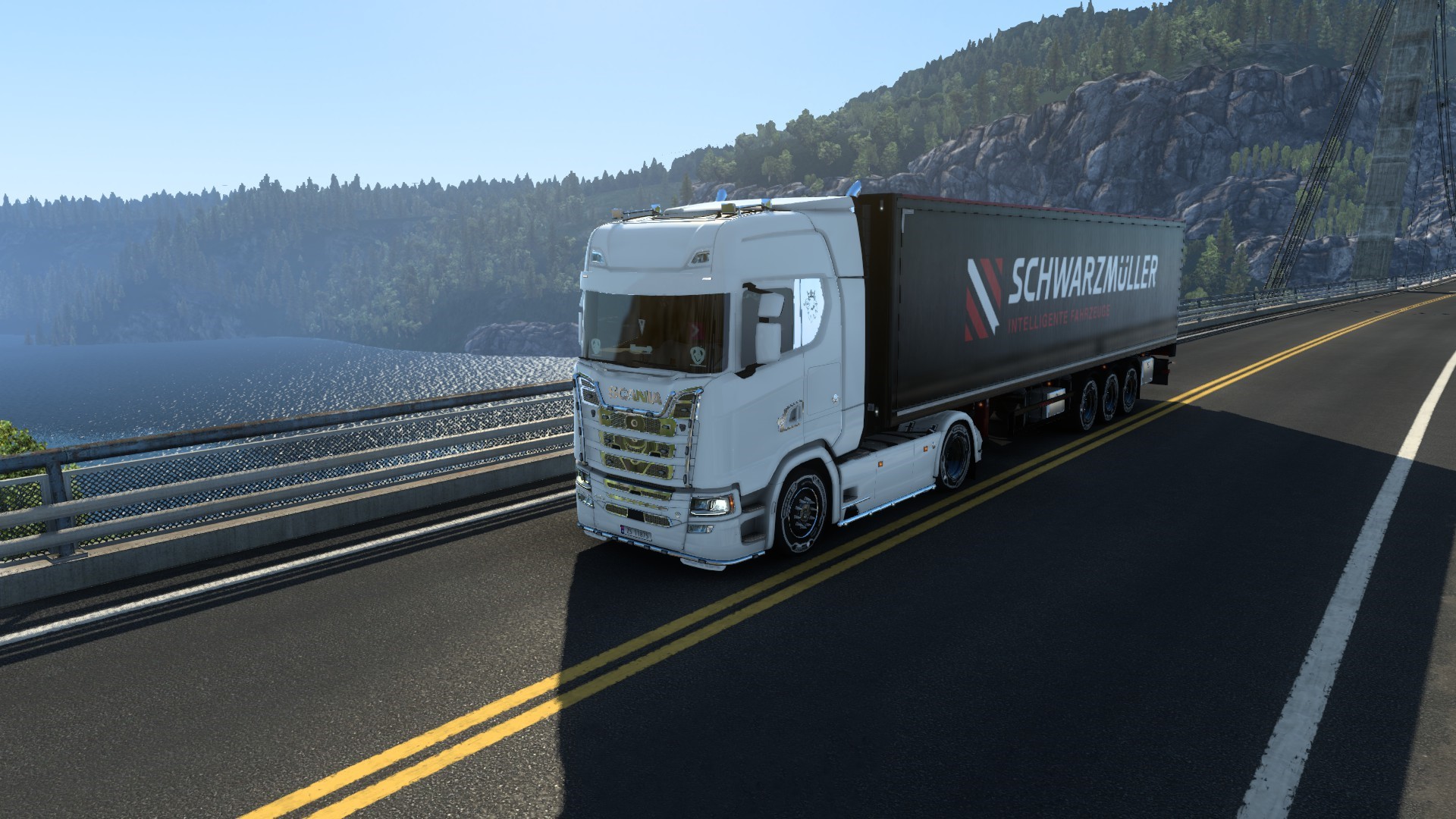Euro Truck Simulator 2 Vehicle Truck Scania Video Games Shadow Water Trees CGi Front Angle View 1920x1080