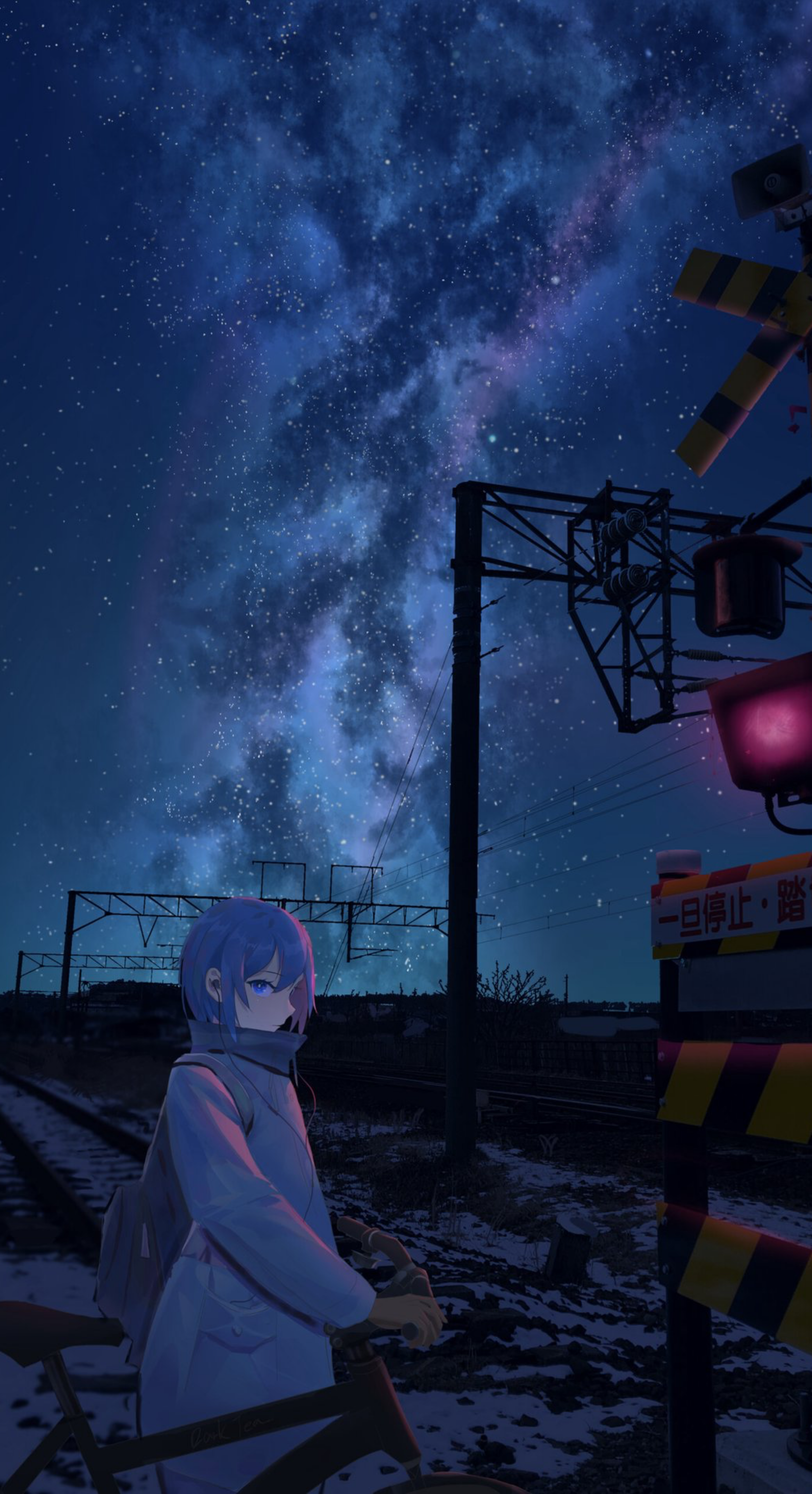 Anime Anime Girls Railroad Track Road Sign Blue Hair Blue Eyes Short Hair Starry Night Night Bicycle 2340x4305