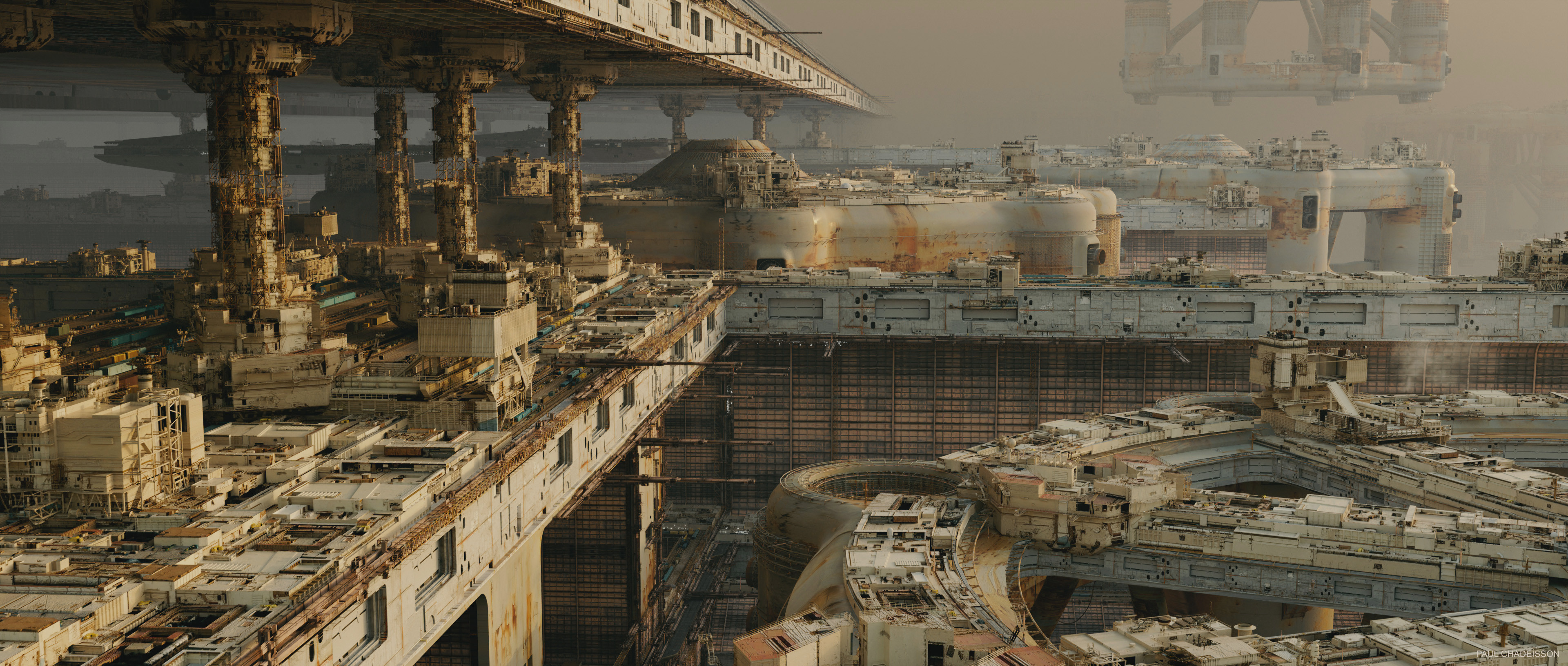 Paul Chadeisson Digital Art CGi Construction Ship Solstice 5 Detailed Artwork Planet Science Fiction 3840x1632