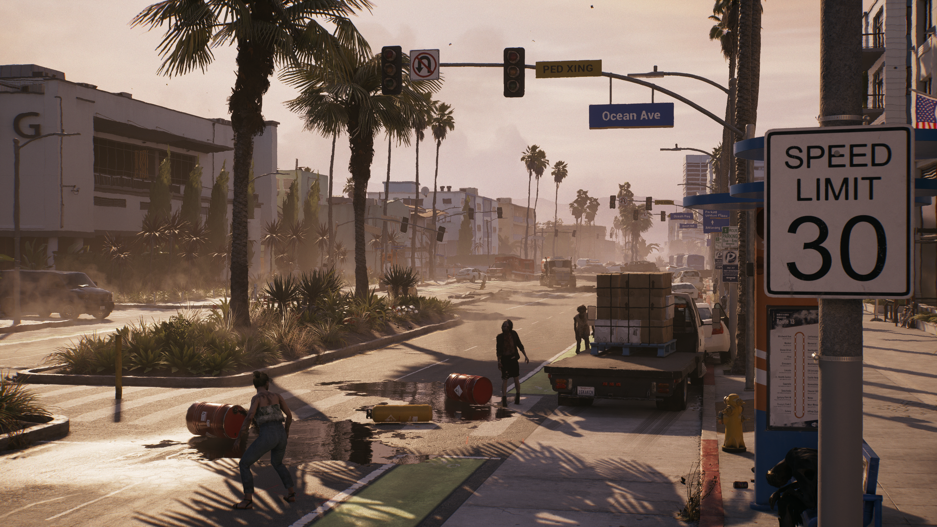 Dead Island 2 Nvidia RTX Video Games CGi Palm Trees City Building Speed Limit Sign Street Light Sunl 3840x2160