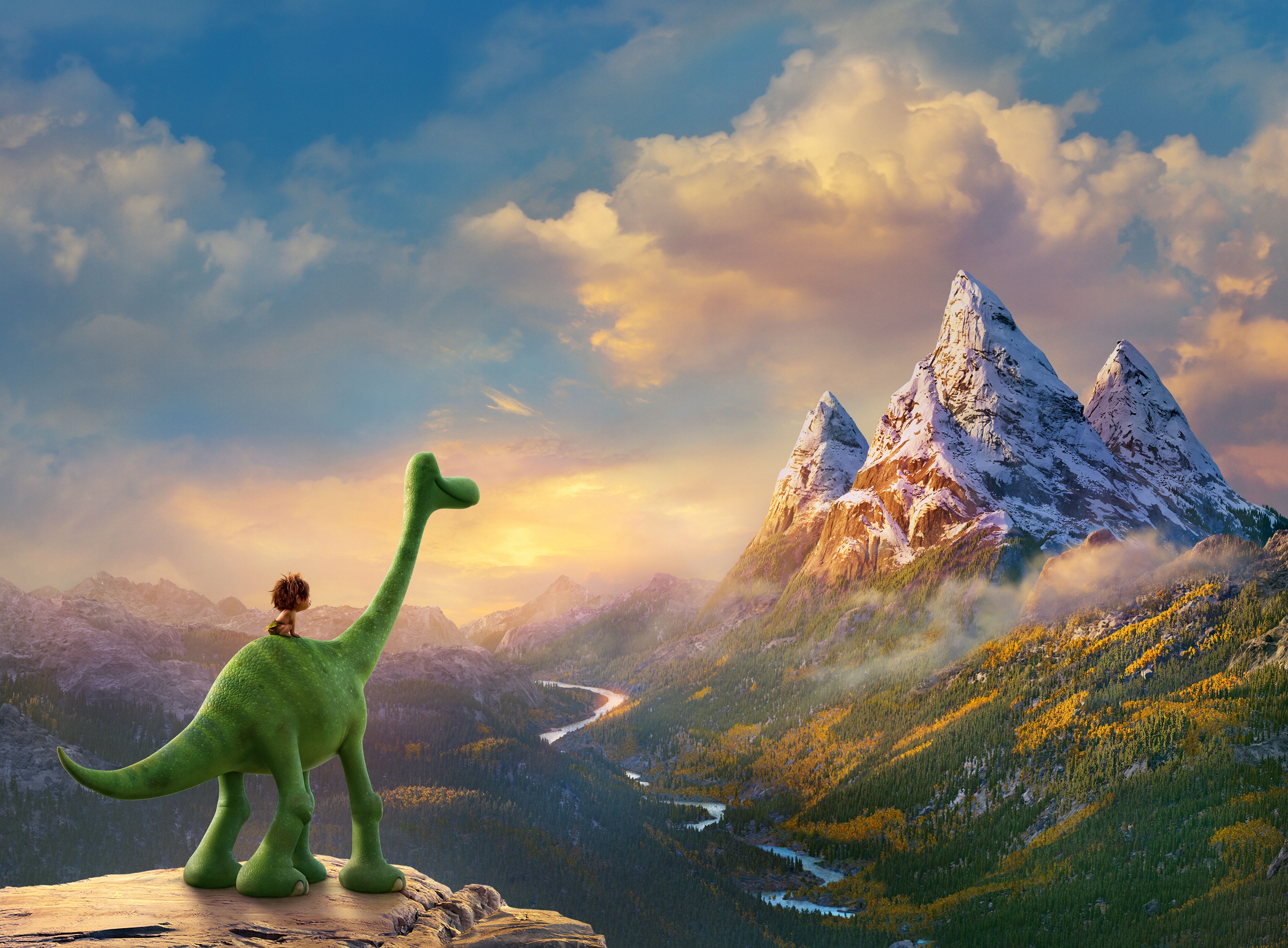 Dinosaurs Movies The Good Dinosaur CGi Mountains Clouds Landscape Sunset Glow 5000x3682