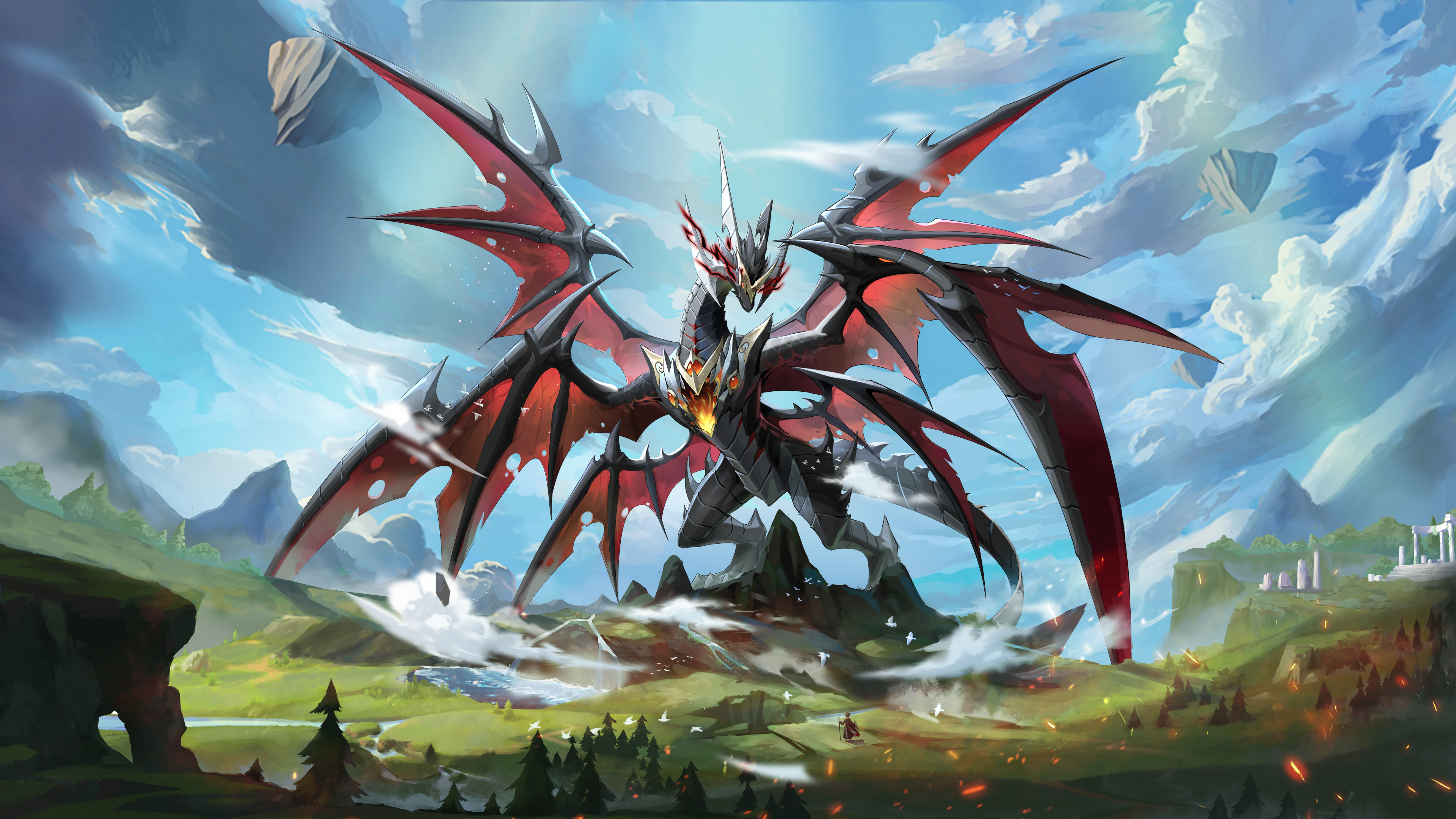 Anime Creatures Anime Games Artwork Dragon Wings Giant Clouds 3840x2160
