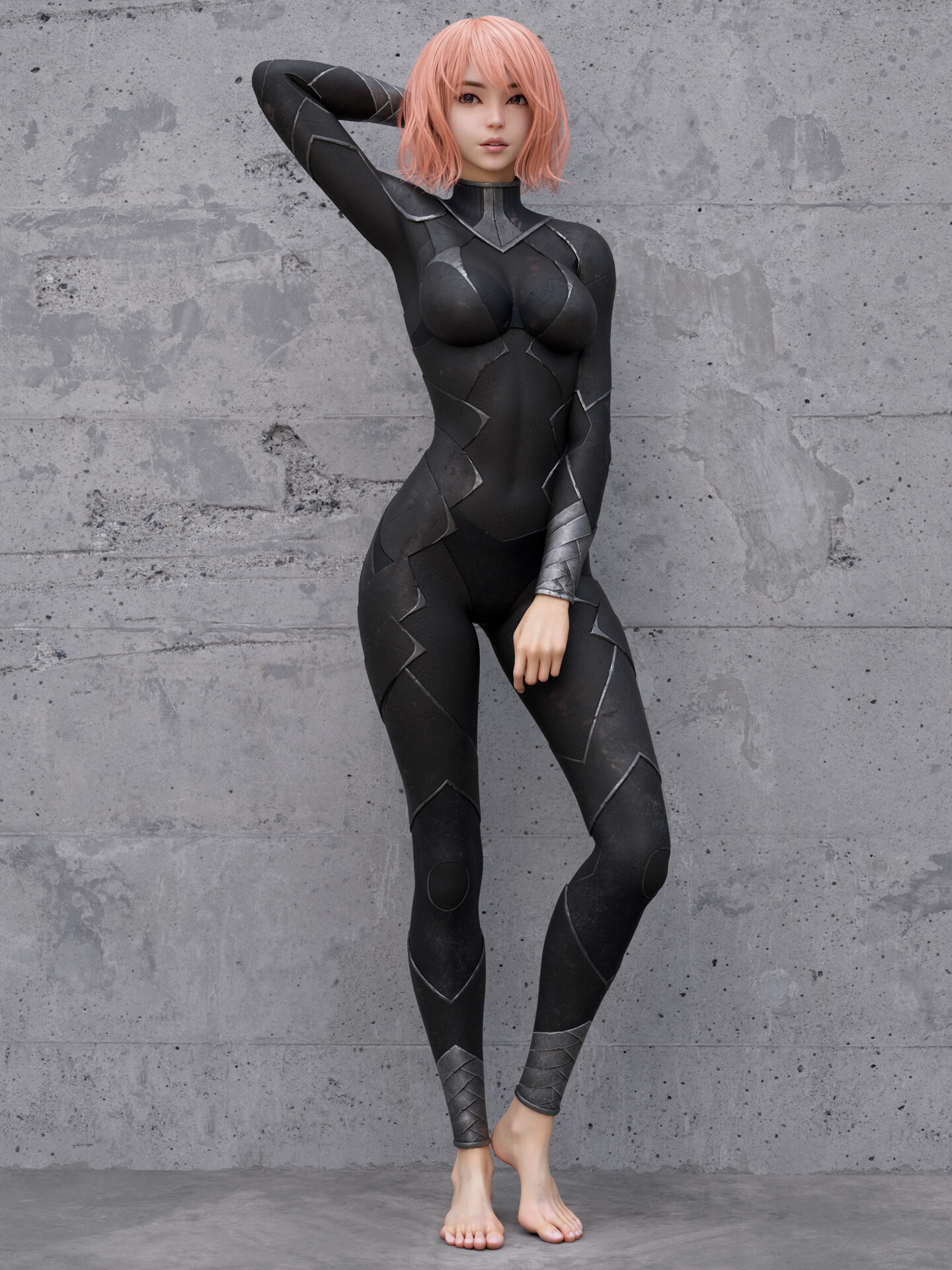 Shin JeongHo CGi Women Bangs Diving Suits Barefoot Gray Portrait Display Standing Bodysuit Feet Look 1440x1920