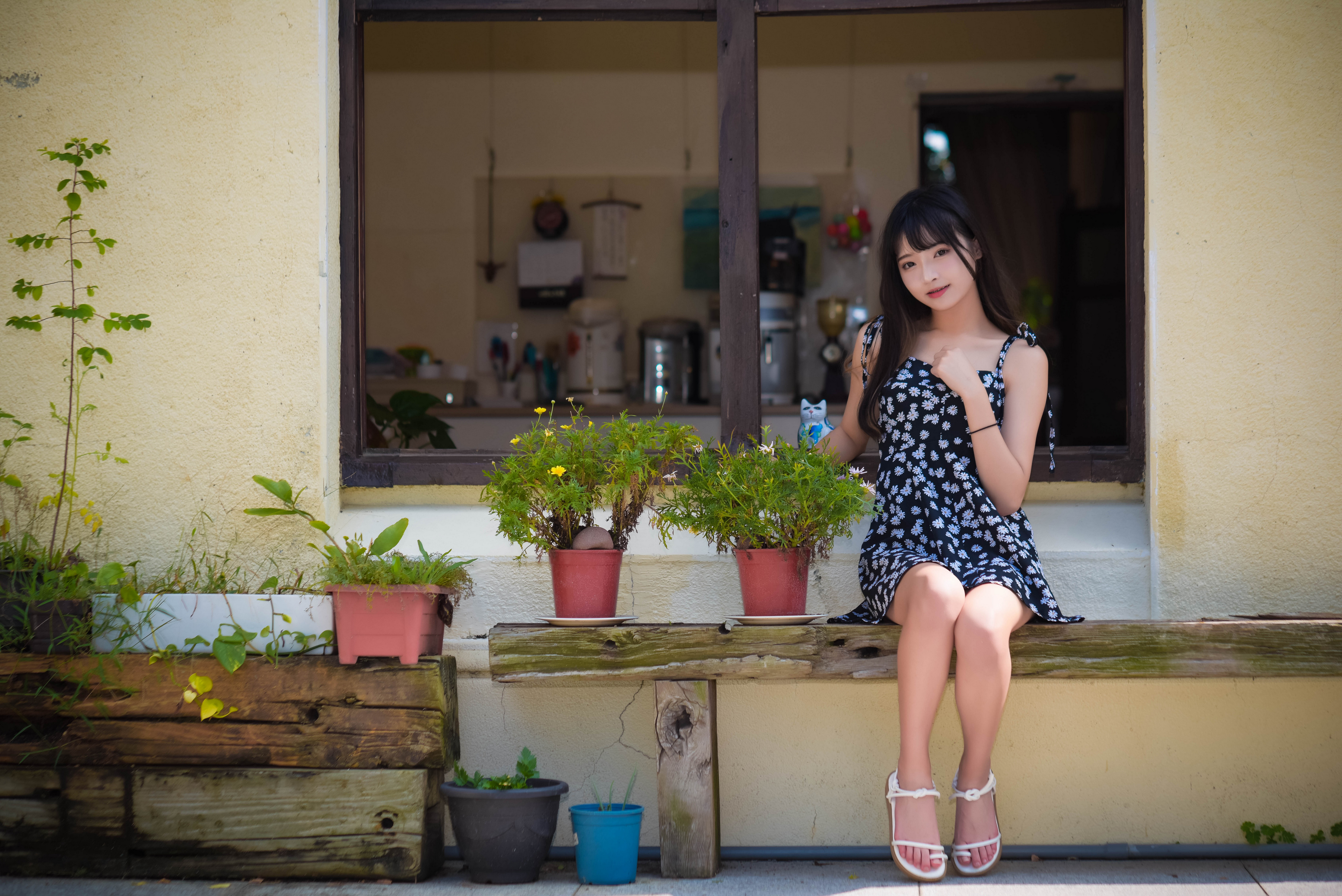 Asian Model Women Long Hair Dark Hair Sitting Flower Dress 3840x2563