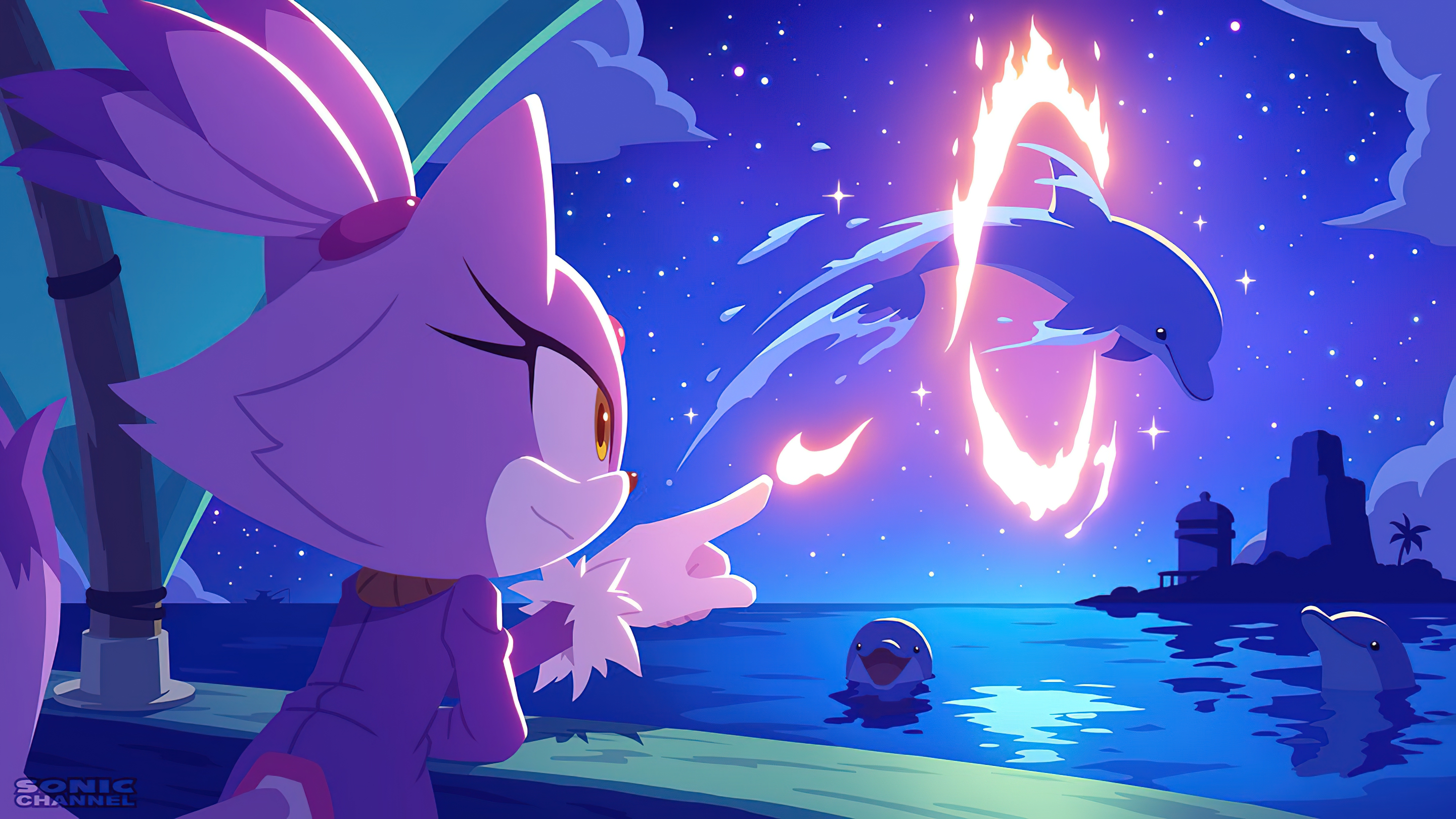 Blaze The Cat Dolphin Harbor Sea Sonic Sonic The Hedgehog PC Gaming Video Game Art Comic Art Night F 2880x1620