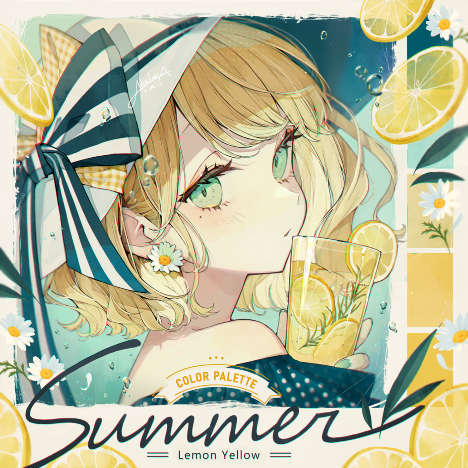Akakura Anime Girls Pixiv Blonde Green Eyes Lemons Drink Hat Flowers 1500x1500