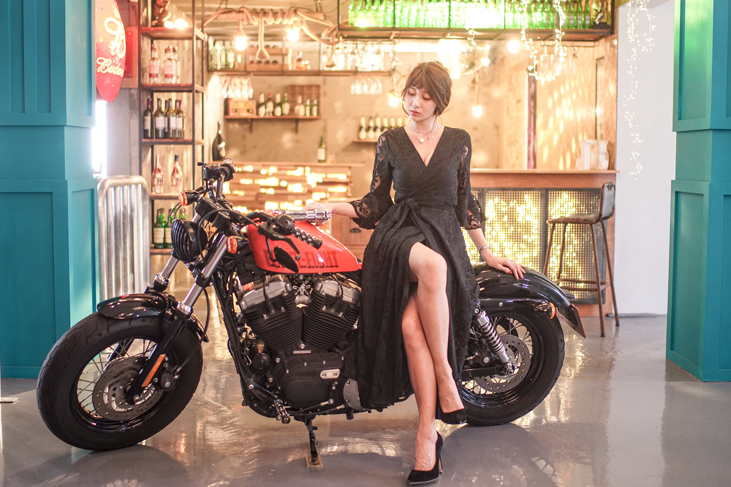 Asian Model Women Dark Hair Long Hair Sitting Harley Davidson 2560x1707