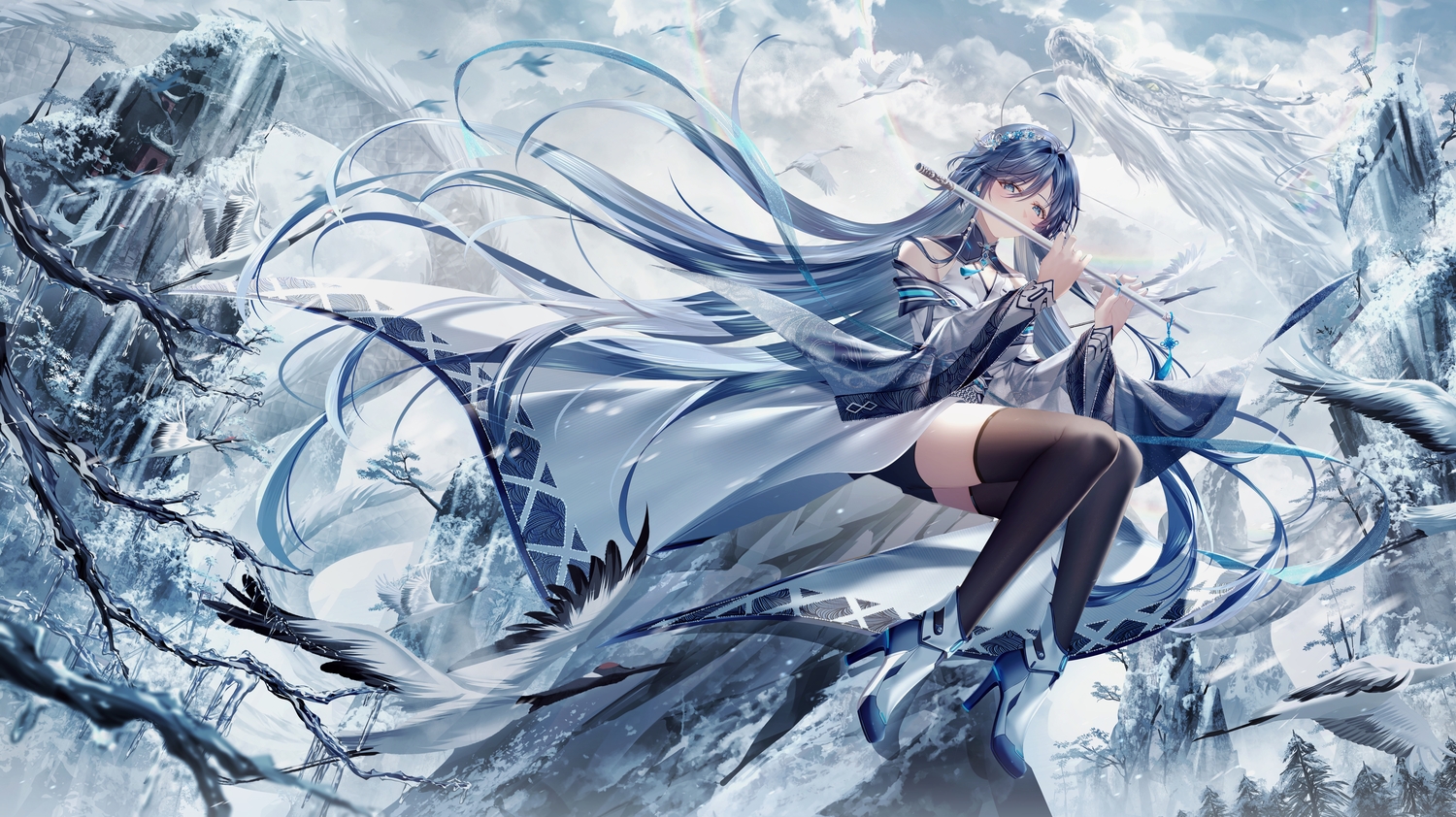 Anime Anime Girls Long Hair High Heels Ice Winter Flute Musical Instrument Sitting Blue Hair Blue Ey 1500x842