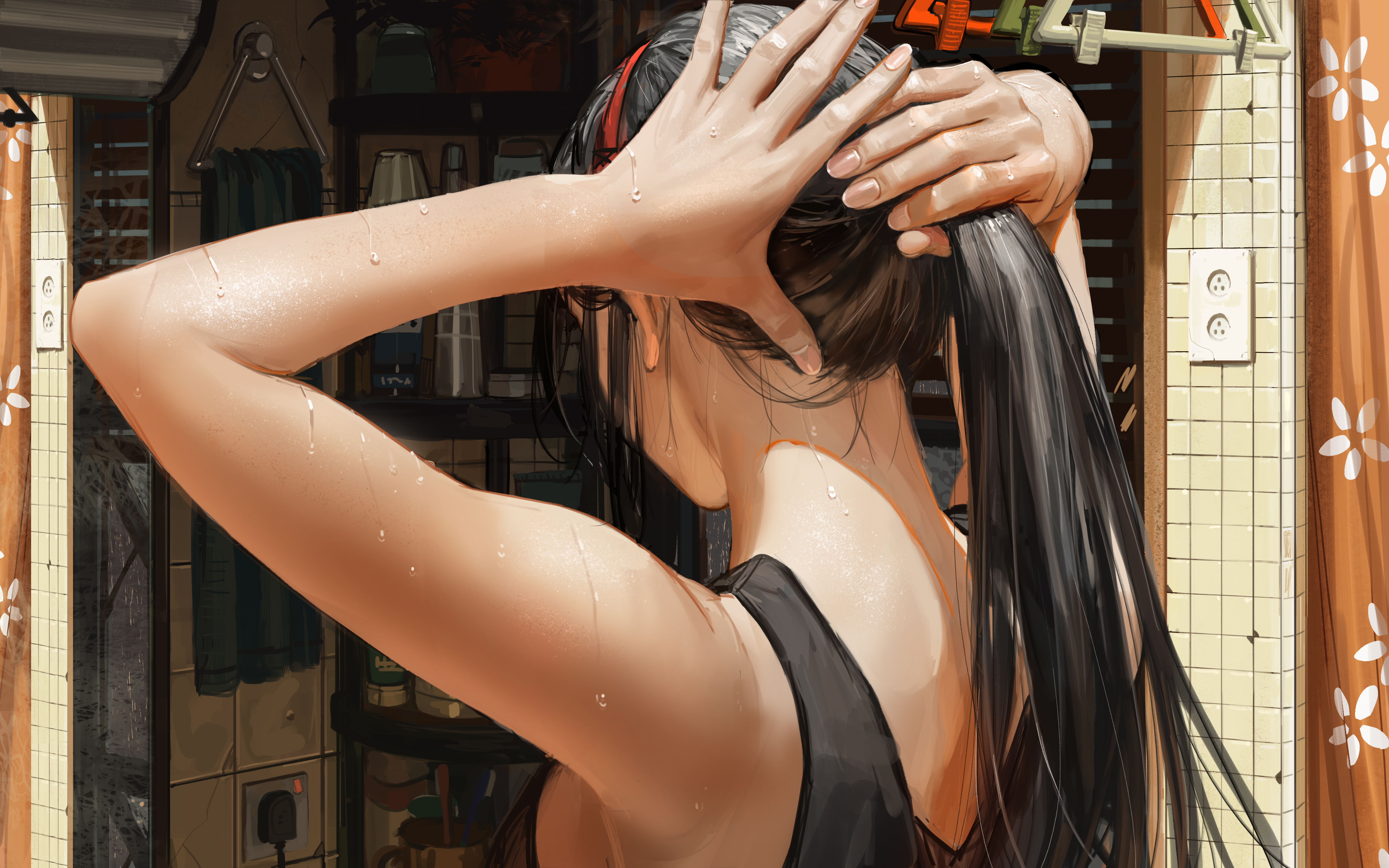 GUWEiZ Digital Art Artwork Illustration Women Long Hair Dark Hair Sweatdrop Back Holding Hair Room I 5000x3126