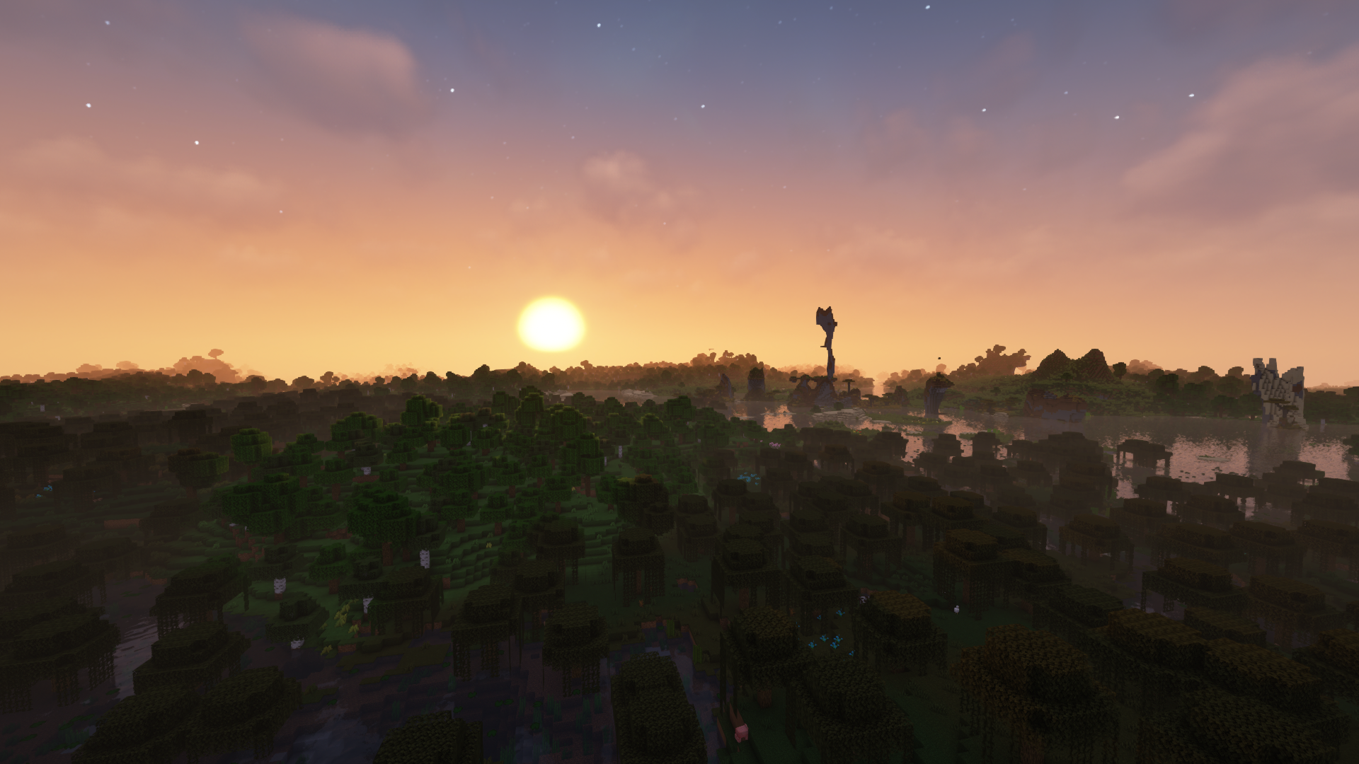 Minecraft PC Gaming Video Games Cube Sunset Sunset Glow Sky CGi Trees Nature Sun 1920x1080
