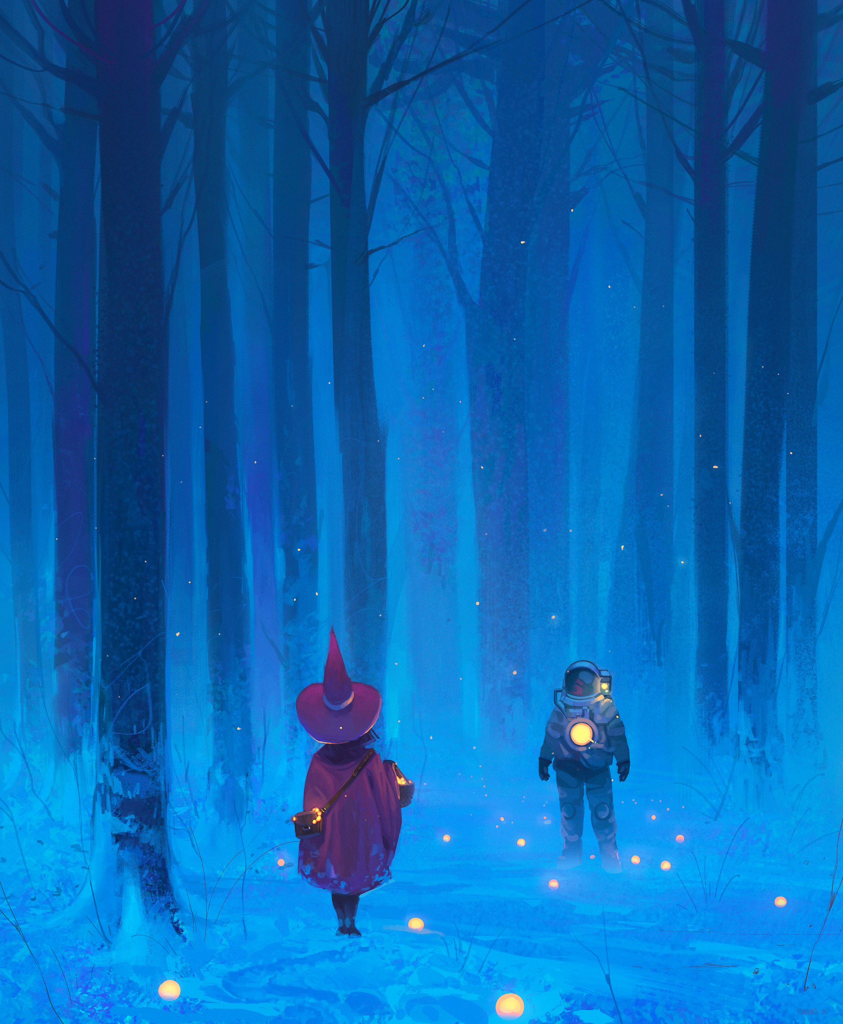 Jocelin Carmes Digital Art Illustration Dark Forest Fictional Trees Snow Hat Spacesuit 1686x2048