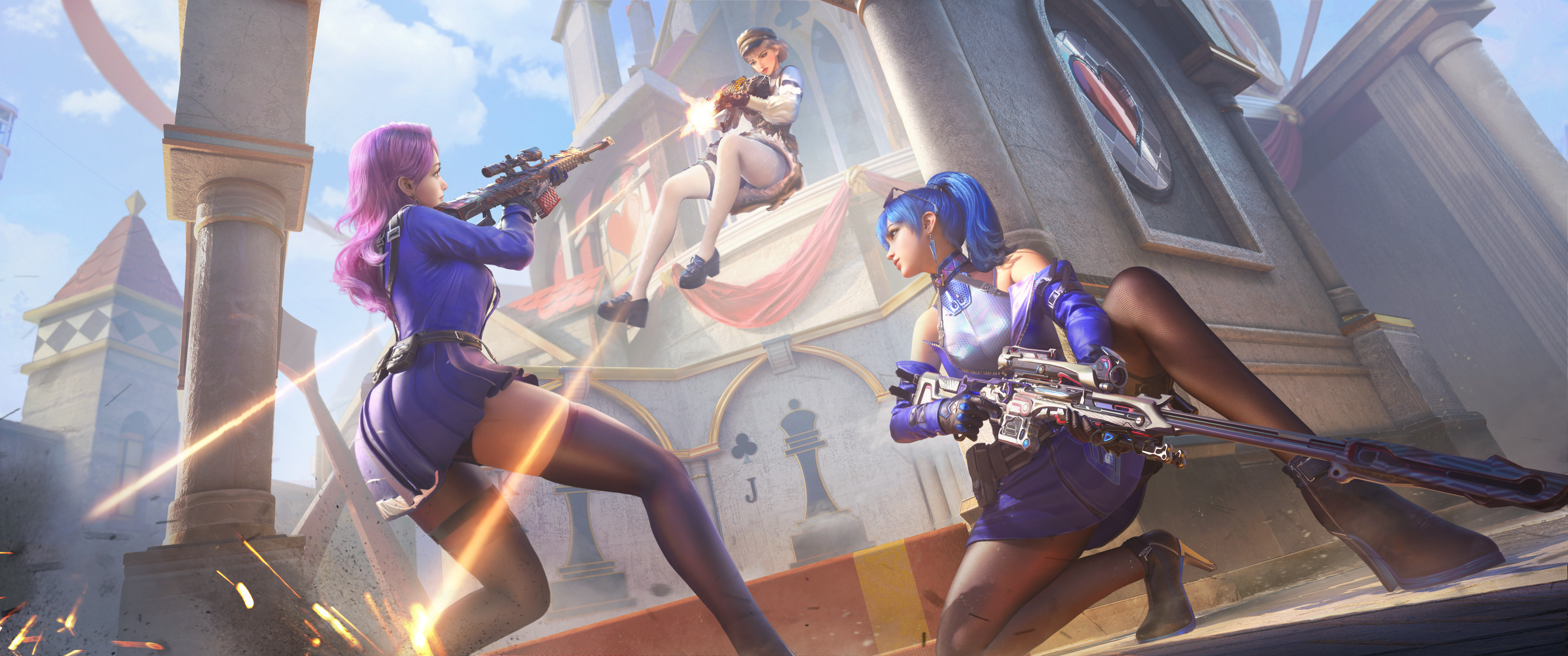 CrossFire Video Game Girls Weapon Fighting Barrett Skirt Blue Hair Purple Hair Sunglasses Video Game 5313x2222