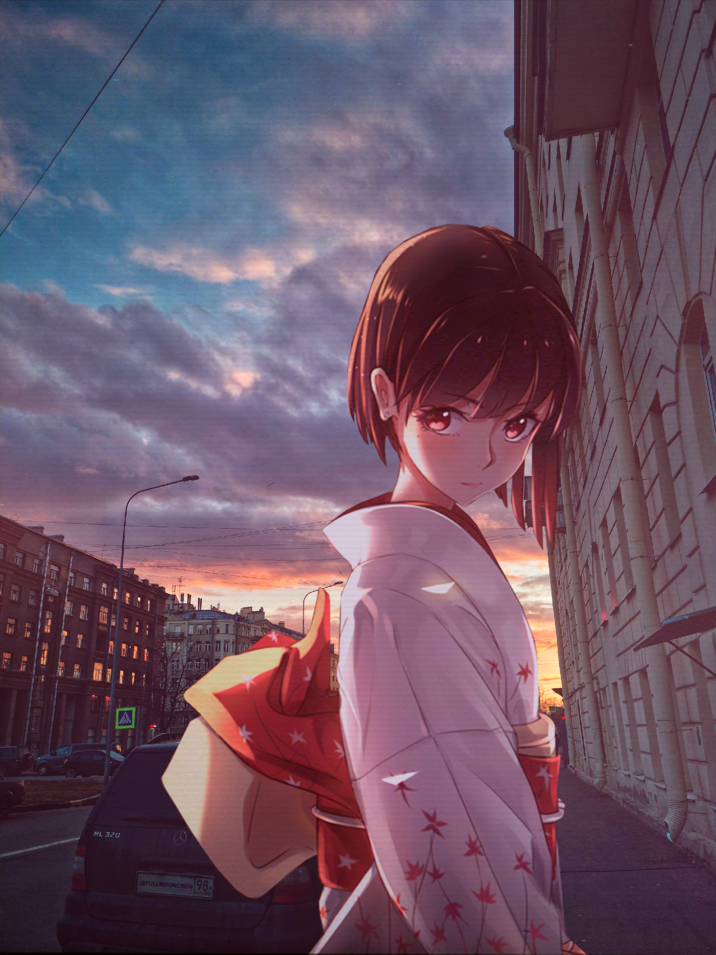 Anime Girls Animeirl City Yukata Festivals Sunset Clouds Sky Redhead 1440x1920
