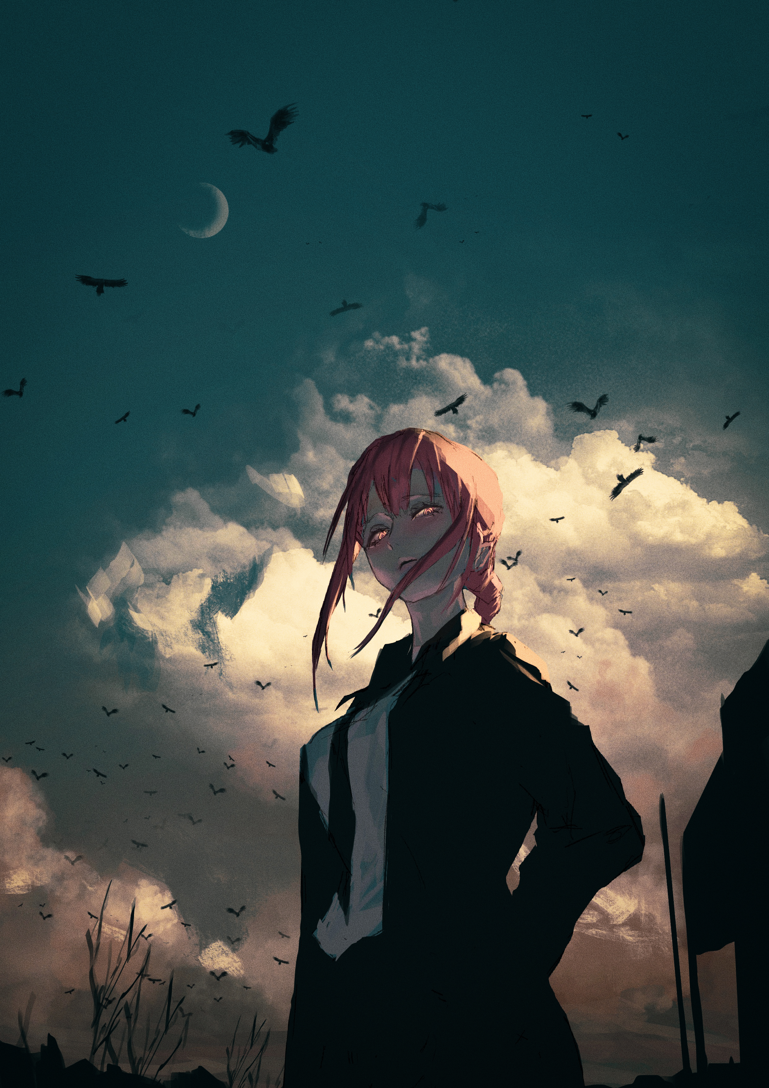 Makima Chainsaw Man Clouds Moon Suit And Tie Neg Pink Hair Low Angle Chainsaw Man Anime Girls Suits  2480x3508