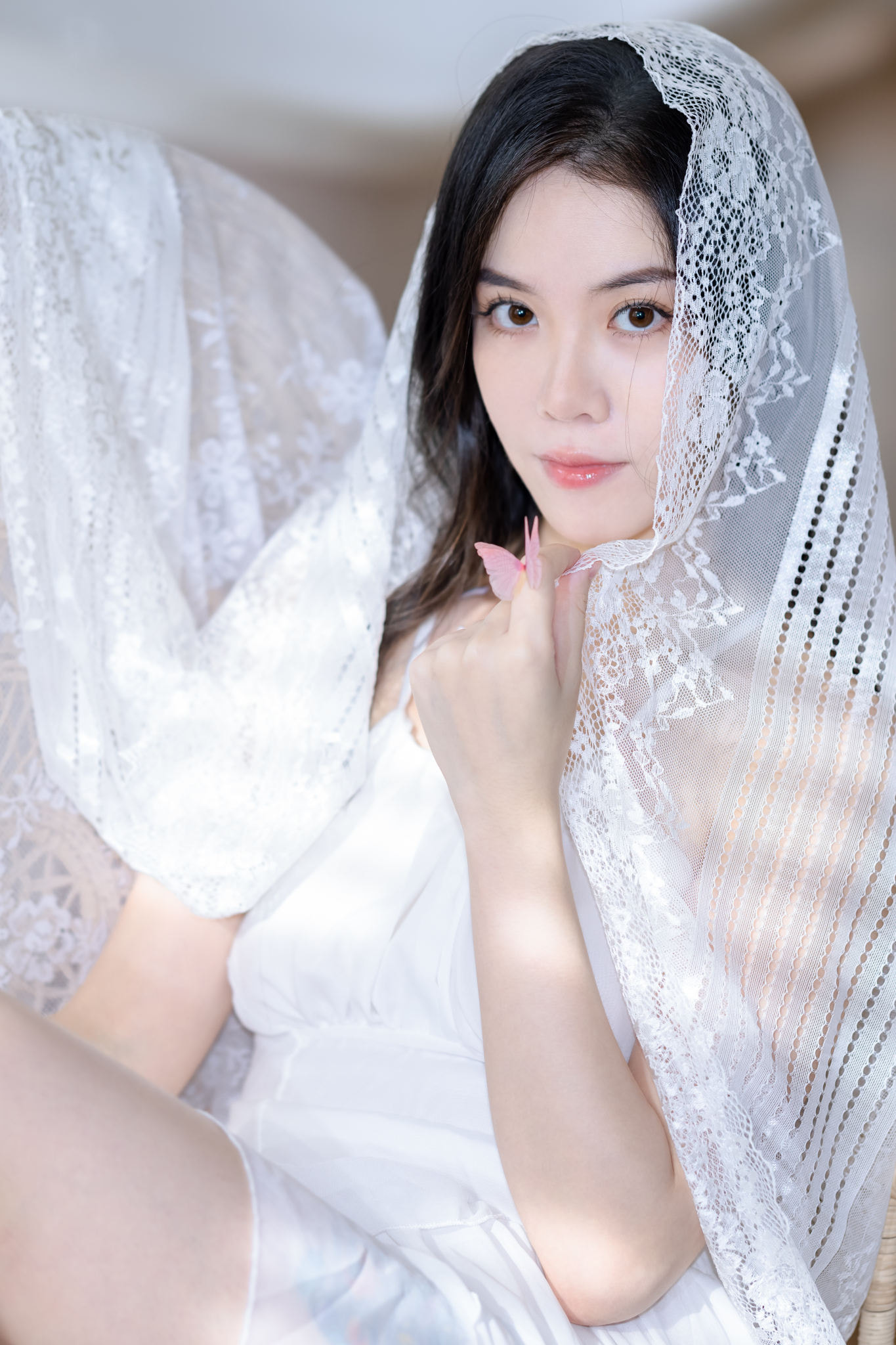 Three Portraits Studio Women Asian Dark Hair Veils Looking At Viewer White Clothing Bright 1365x2048