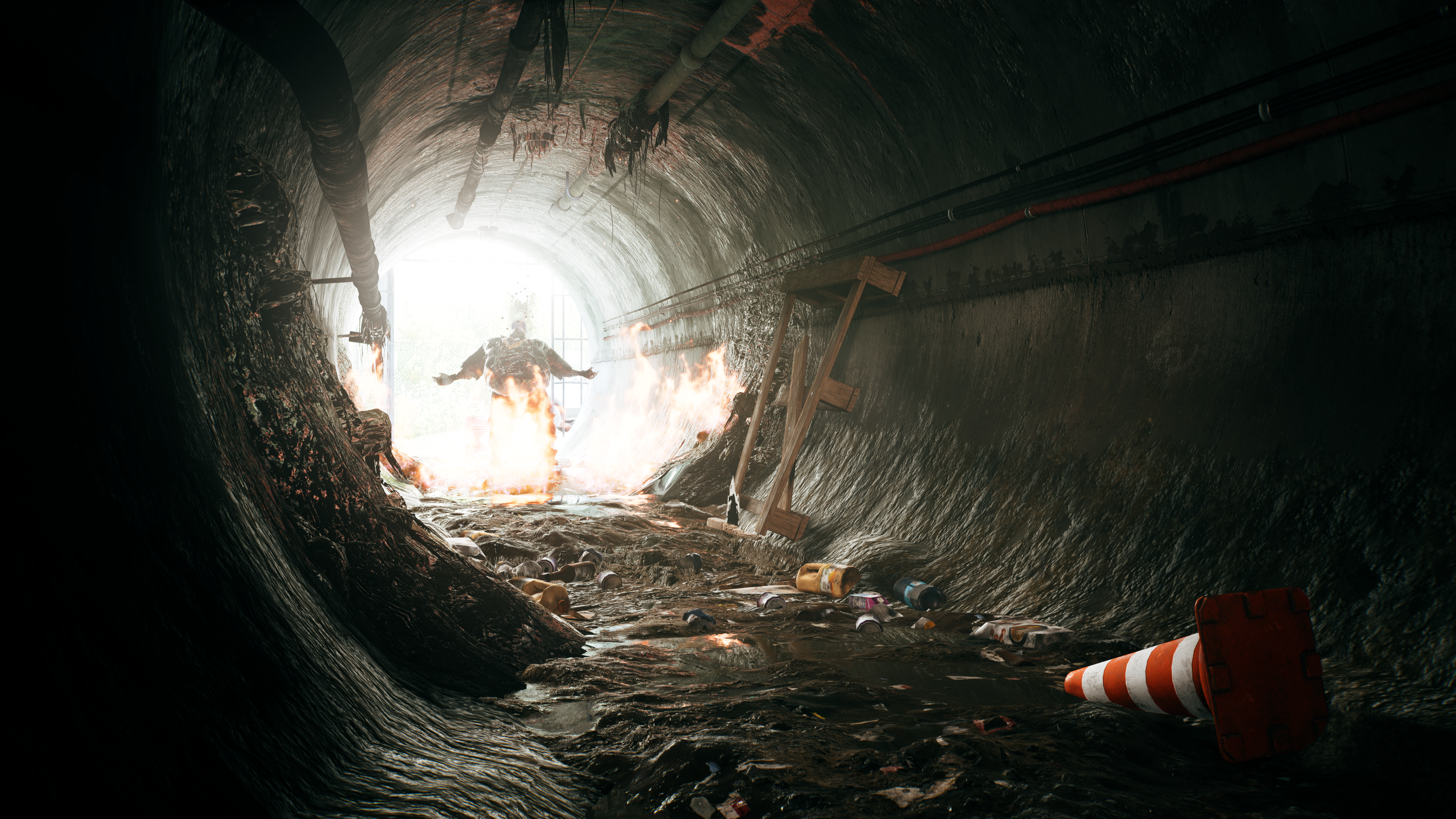 Dead Island 2 Nvidia RTX Tunnel Pipes Traffic Cone Video Games CGi Fire Sunlight 3840x2160